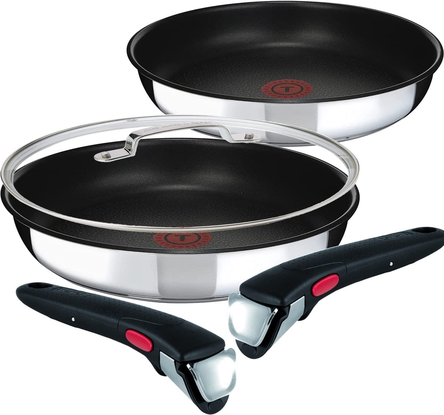 Tefal Pfannen-Set Ingenio PREFERENCE, Edelstahl (Set, 5-tlg., 24 + 28cm Induktion  Pfannen + 28 cm Jamie Oliver Glasdeckel), Titanium Antihaftversiegelung,  Induktionsherd geeignet