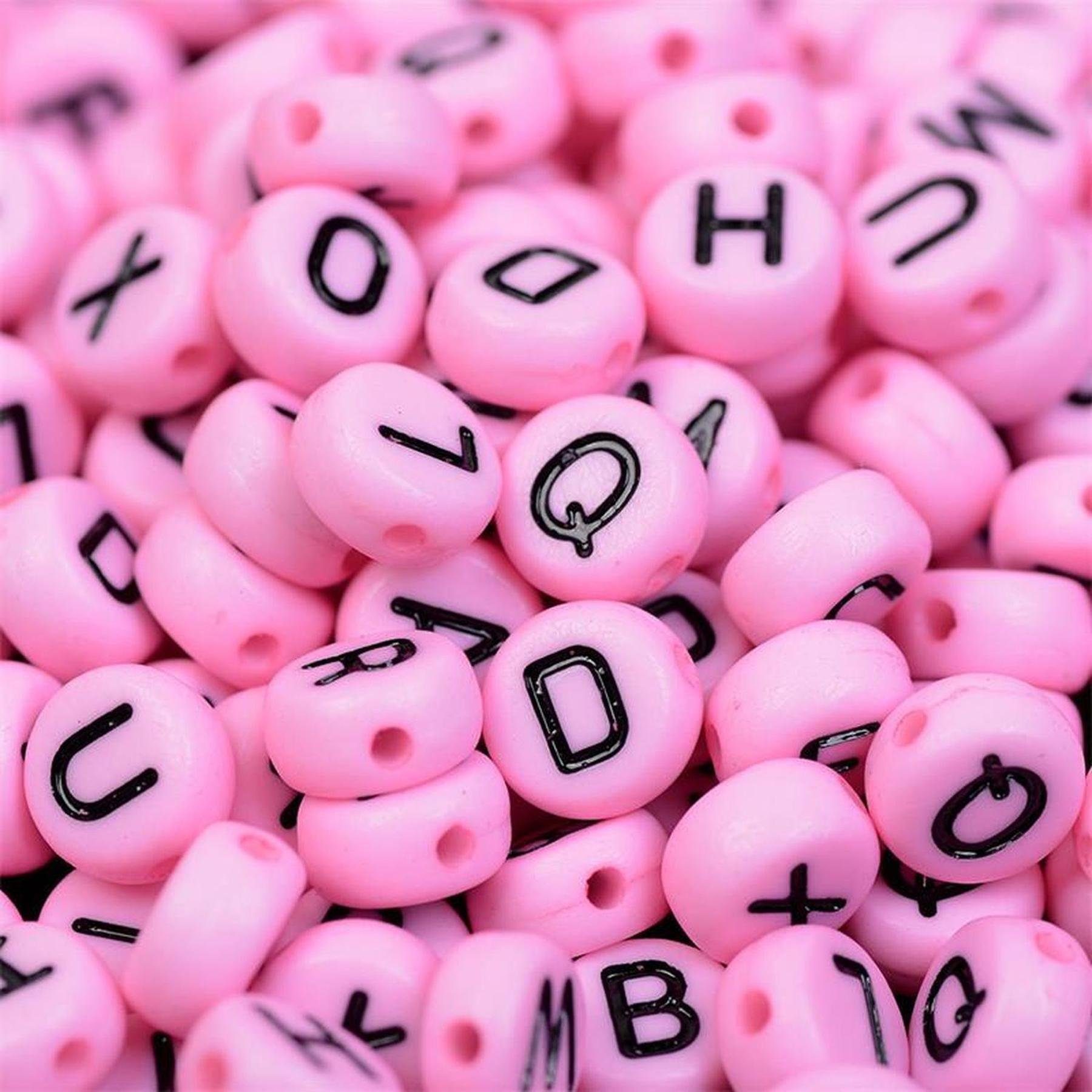 Kopper-24 Ремесленные бусы Buchstaben Бисер, 250 Stück, 4x7 mm, rosa mit schwarz, rund, Buchstab, (250-tlg)