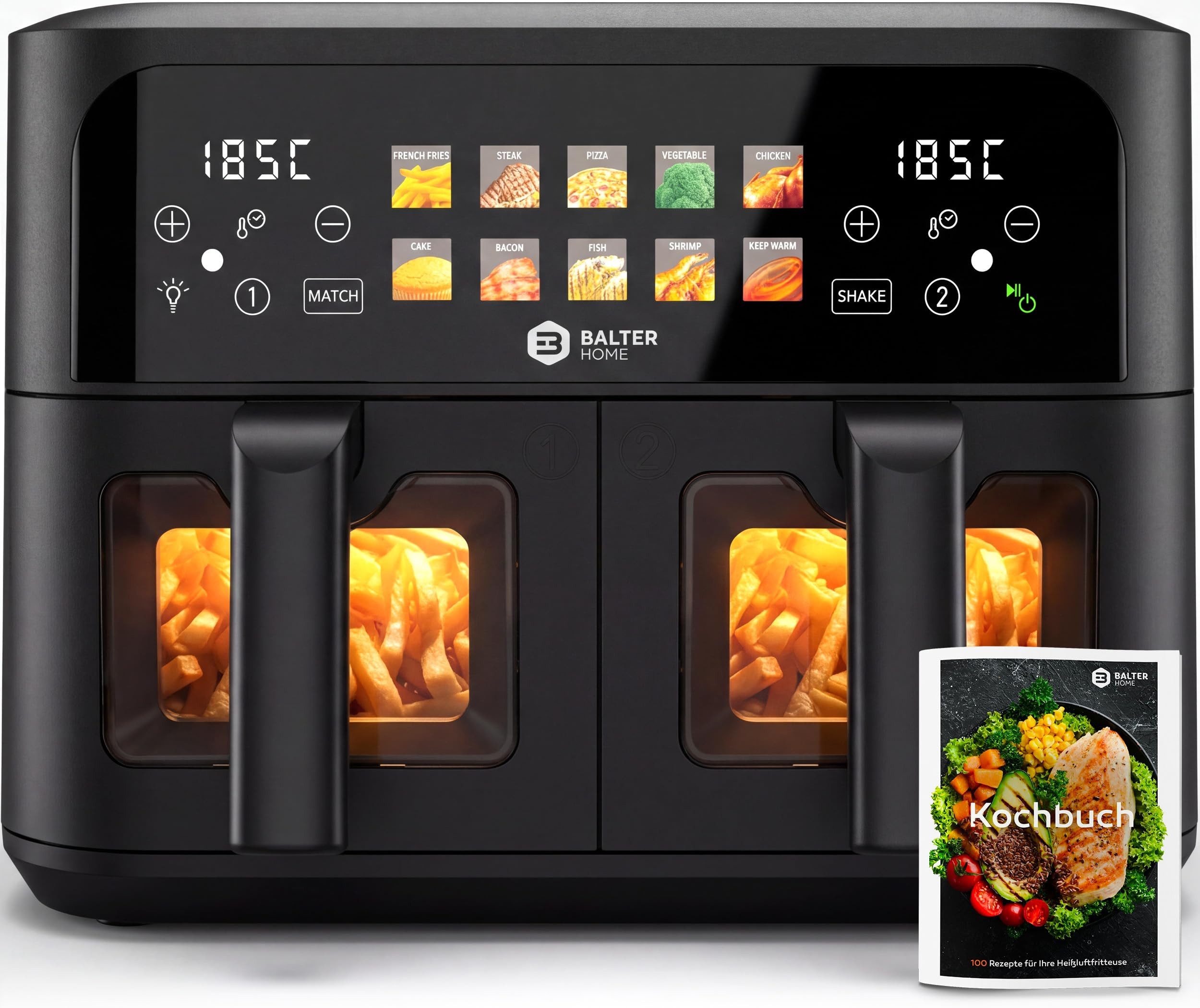 Balter Heißluftfritteuse, 2400 W, 2 Kammern mit Sichtfenster - 2400W Airfryer XXL Doppelkammer