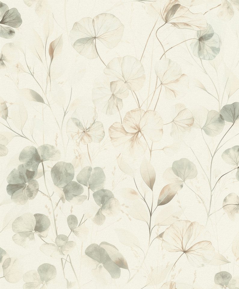 Rasch Vliestapete mit Blättern und Zweigen in Beige und Grün, strukturiert, natürlich, matt, gemustert, botanisch, (1 Rolle, 1 St), zarte Optik