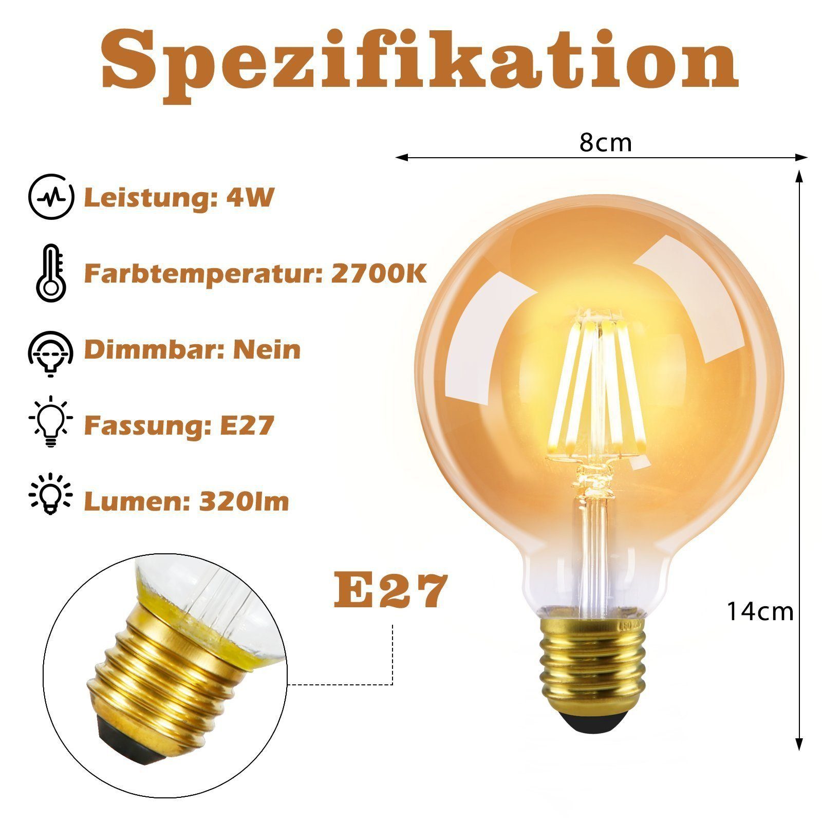ZMH LED-Leuchtmittel Retro G80 Warmweiß, Energiesparlampe E27, 2 St., Vintage edison 2700K Leuchtmittel Filament B Schlafzimmer