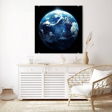 Primedeco Glasbild Wandbild Quadratisch Planet Erde im Sonnenaufgang mit Aufhängung, Weltall