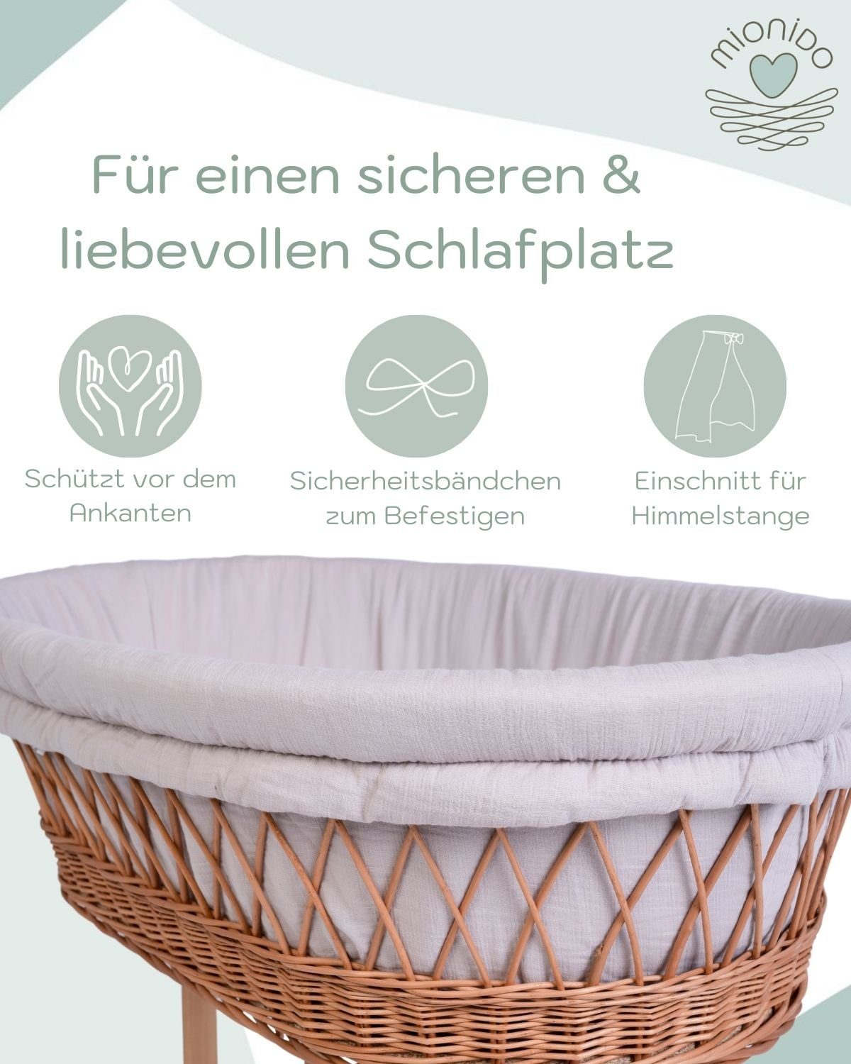 Mionido Stubenbett Textiles Set für Stubenwagen Sterne taupe Polster Himmel  Spannbetttuch, Made in Germany, Wiederverwendbare Verpackung, Handarbeit