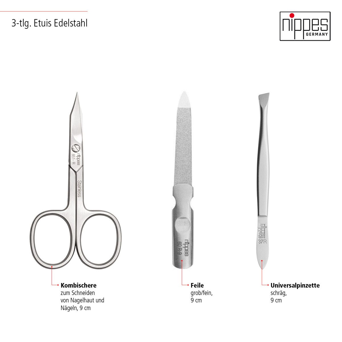 nippes Solingen Maniküre-Etui Maniküre Set WILD RED mit Rindleder-Etui, Instrumente aus Edelstahl, 3 tlg.