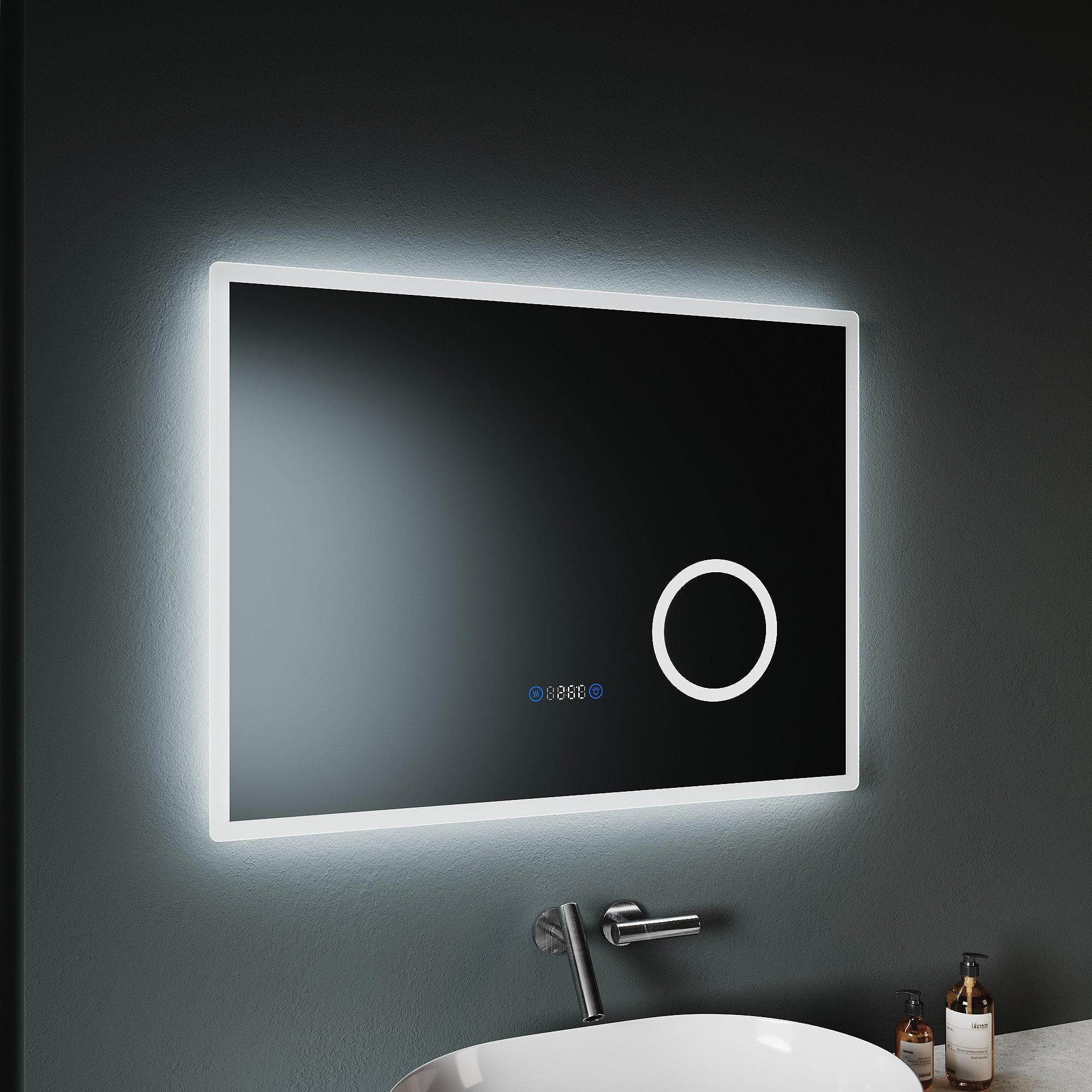 Badspiegel Badezimmerspiegel mit 3-facher Vergrößerung,100/80cmx60cm, mit LED