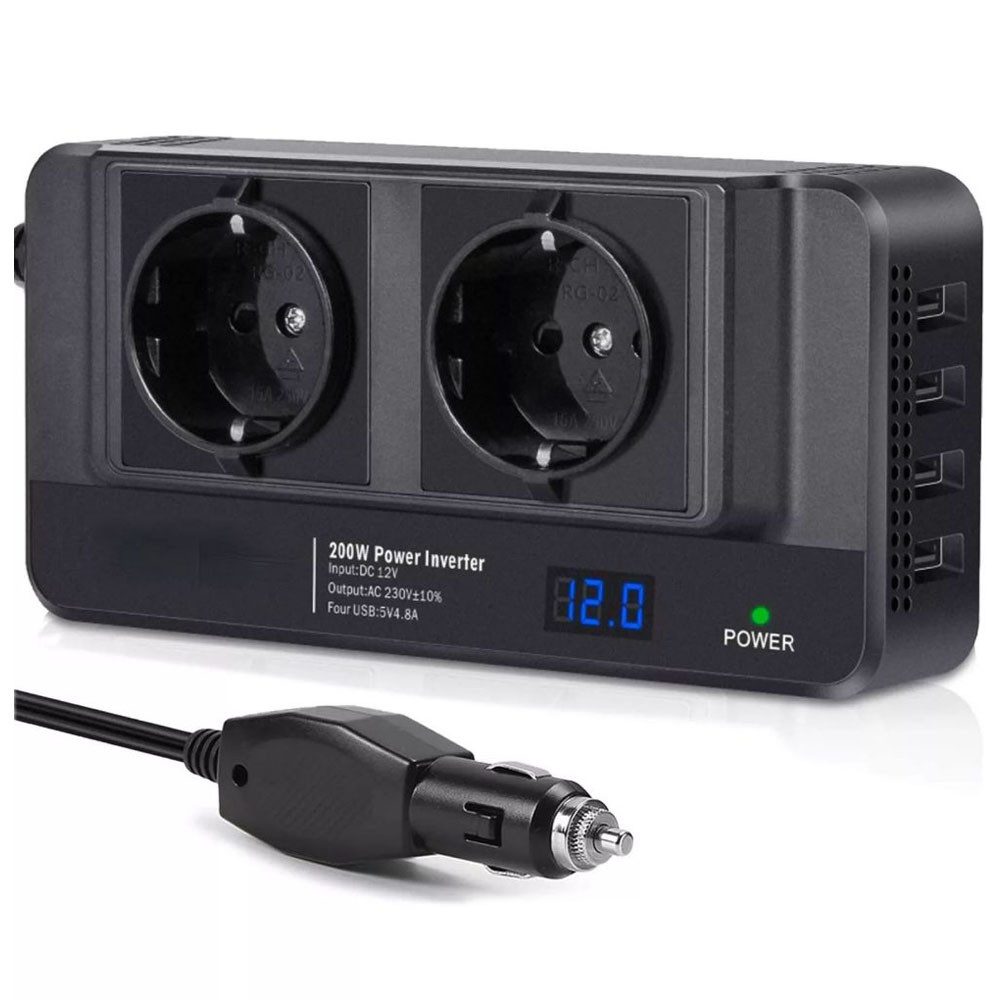 Wechselrichter Spannungswandler, Steckdose mit USB, DC-AC, 12V auf 230V, 200W