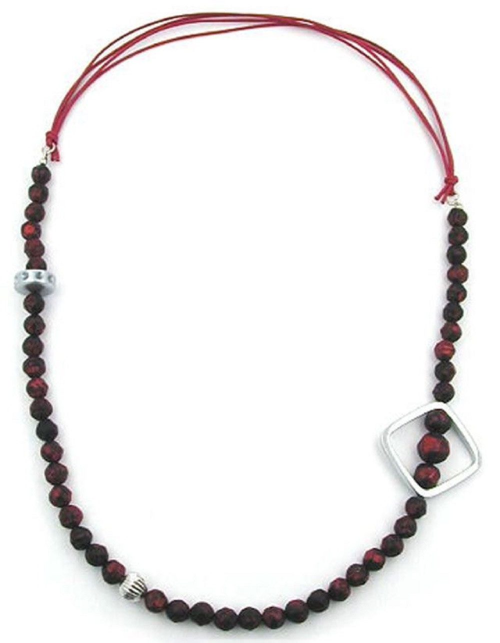 unbespielt Collier Modeschmuck Kette Kunststoff-Perlen Barock-Rot Viereck chrom 90 cm, Modeschmuck für Damen