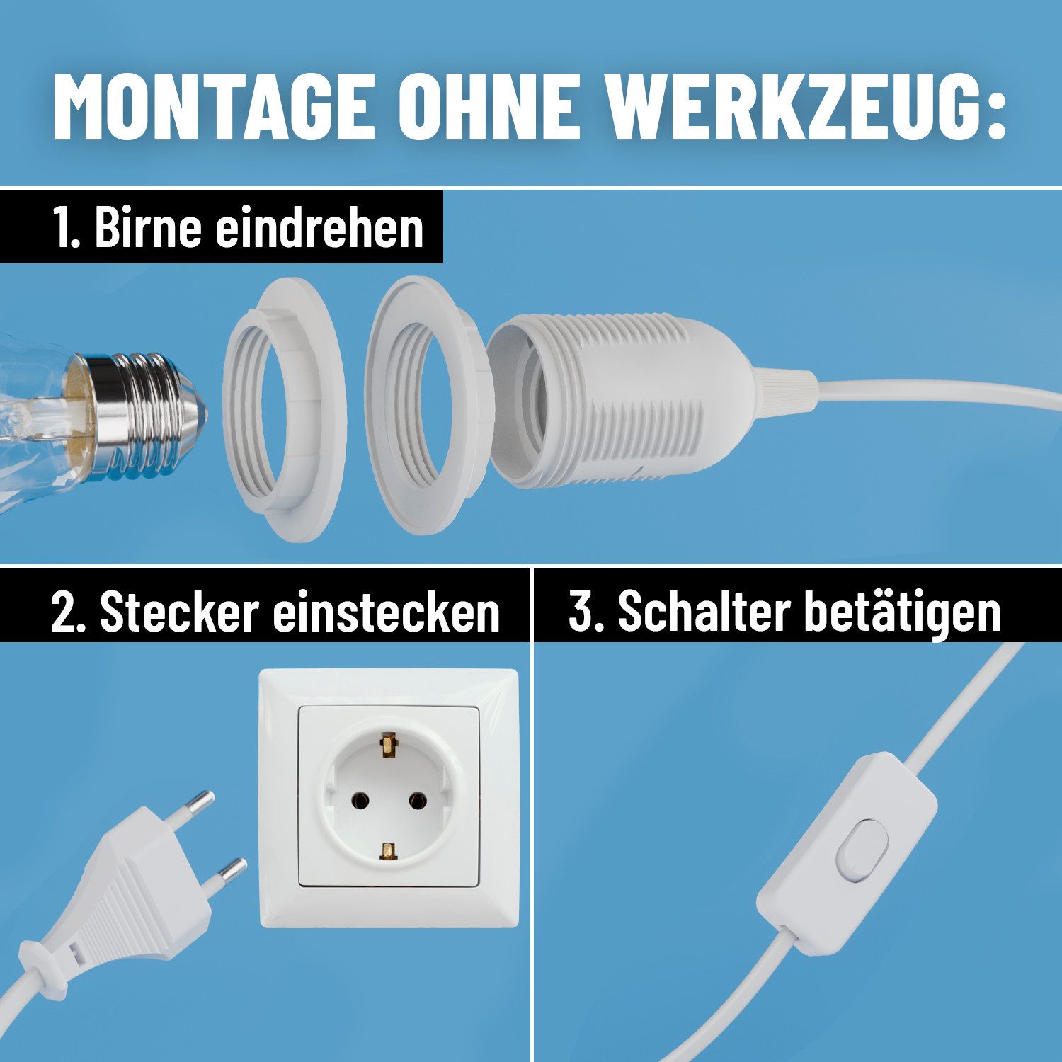 greate. Lampenfassung 2x Lampenfassung E27, mit Stecker Kabel & Schalter, 5 m, max. 60W 250V, (2-St) – Bild 4 von 5