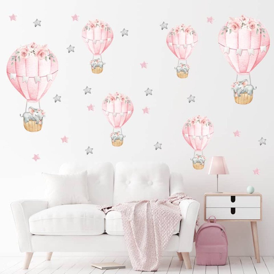 Montegoni Wandsticker 30 x 90 cm Rosa schlafender Babyelefant mit Heißluftballon, Abziehbare Wandsticker mit süßem Design, leicht anzubringen – Bild 2 von 4