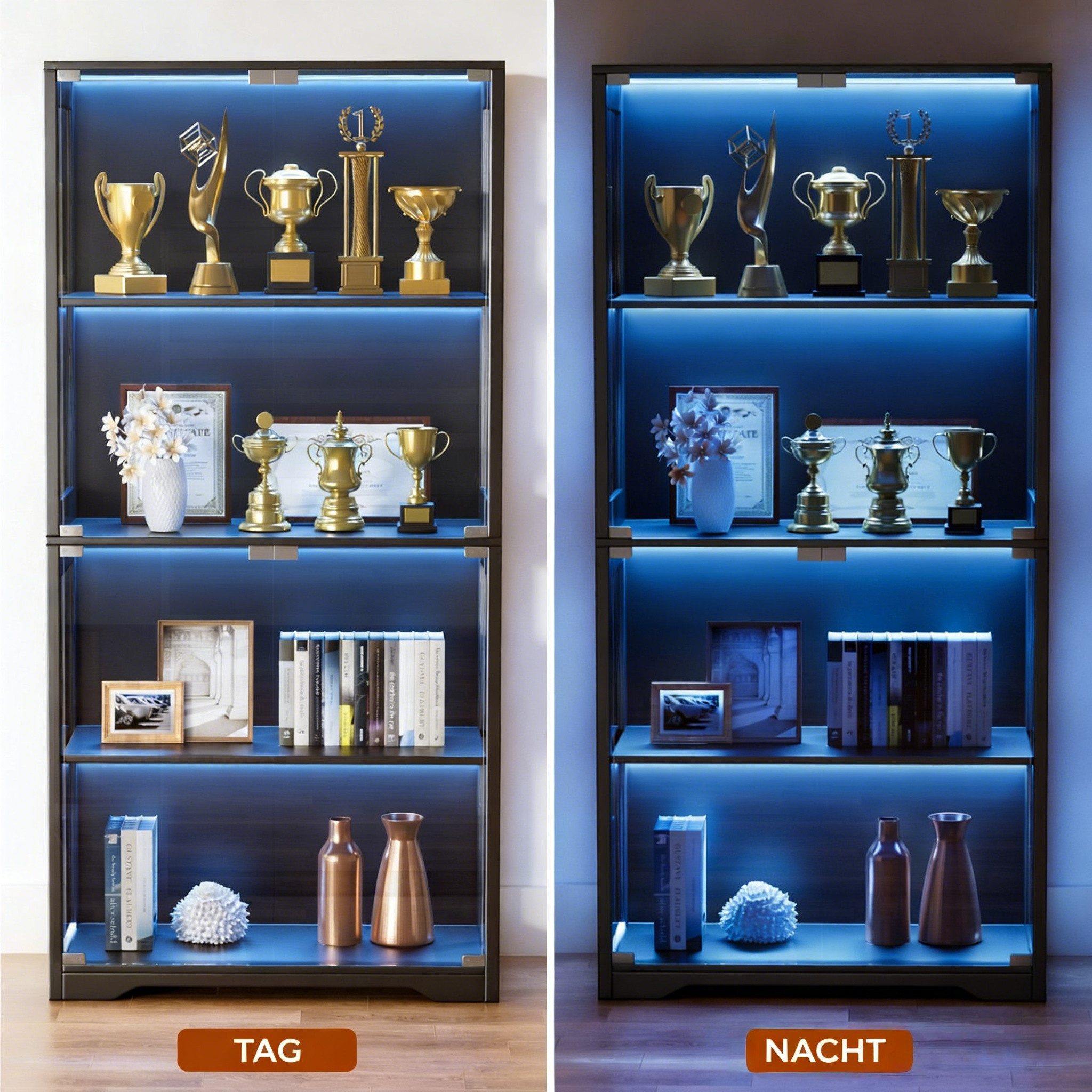 BROTTAR Glasvitrine mit Doppeltüren, LED-Beleuchtung und Bewegungssensor (1-St) mit großem Stauraum auf 4 Ebenen, 80×35×165cm