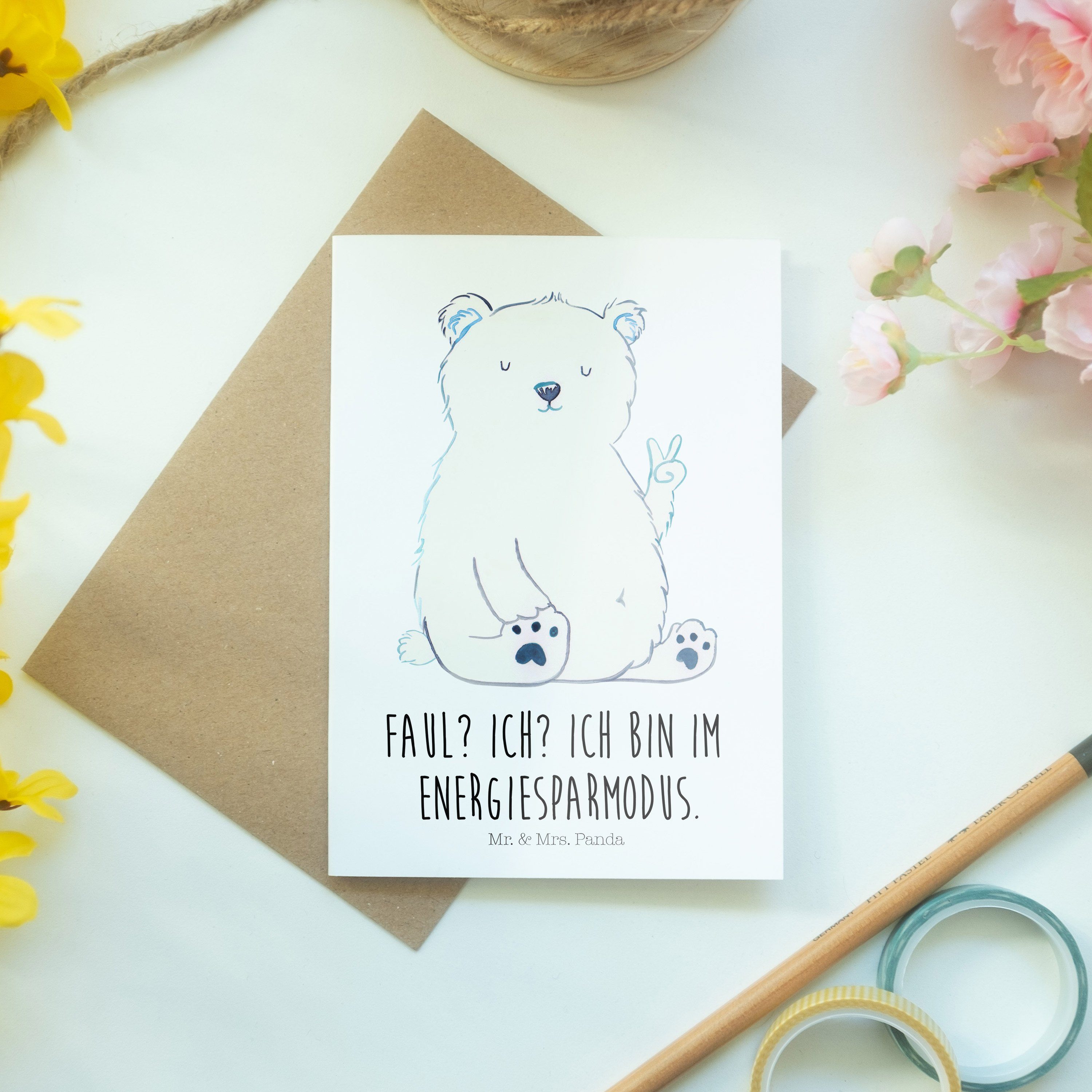Geschenk, Eisbär - Faul Klappka & Mrs. - Panda Mr. Arbeitsplatz, Grußkarte Einladungskarte, Weiß
