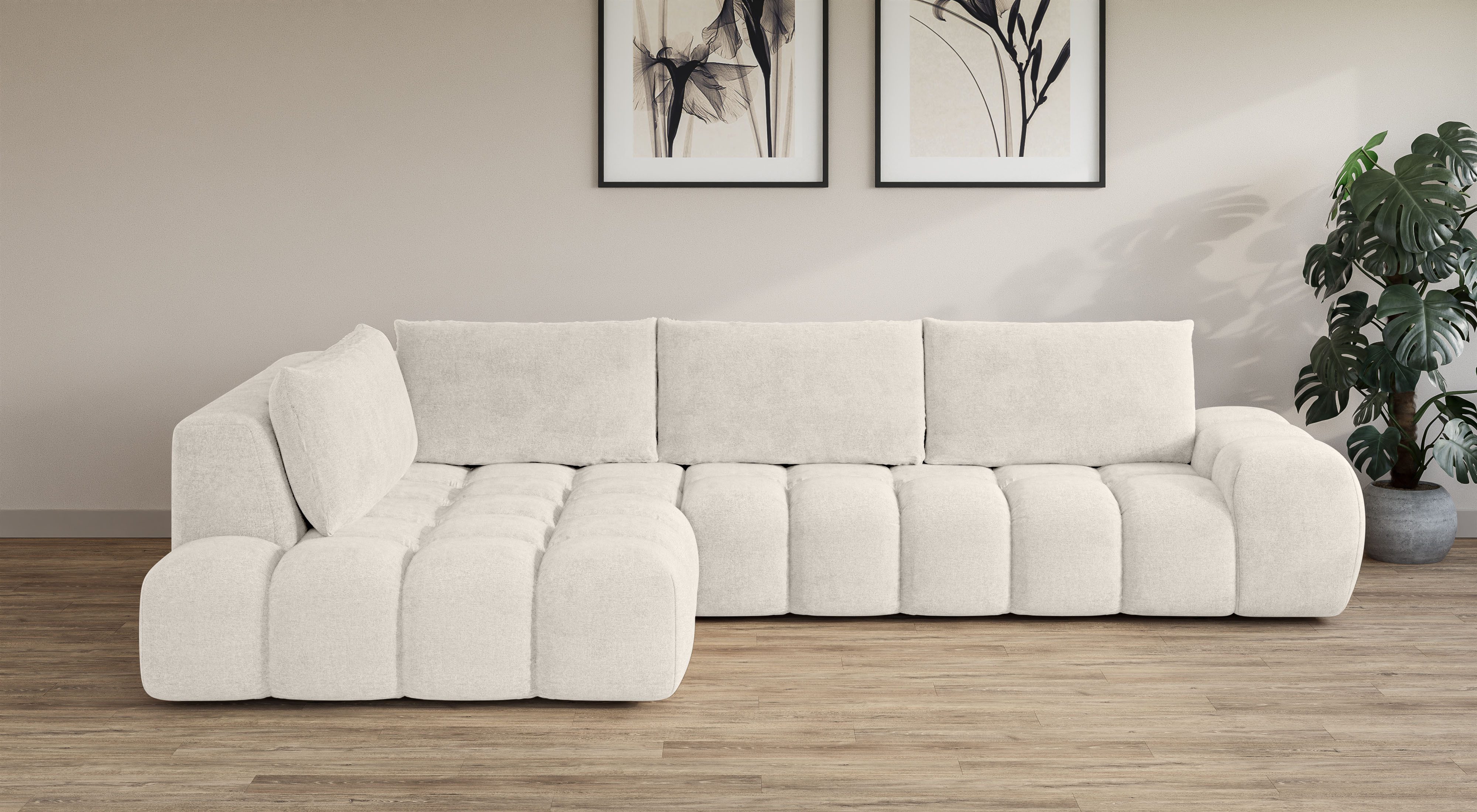 INOSIGN Ecksofa AZITA Designsofa, elegant und bequem L-Form, Bubble-Optik, lose Rückenkissen, traumhafte Steppung, Maße B/T/H: 352/210/72 cm