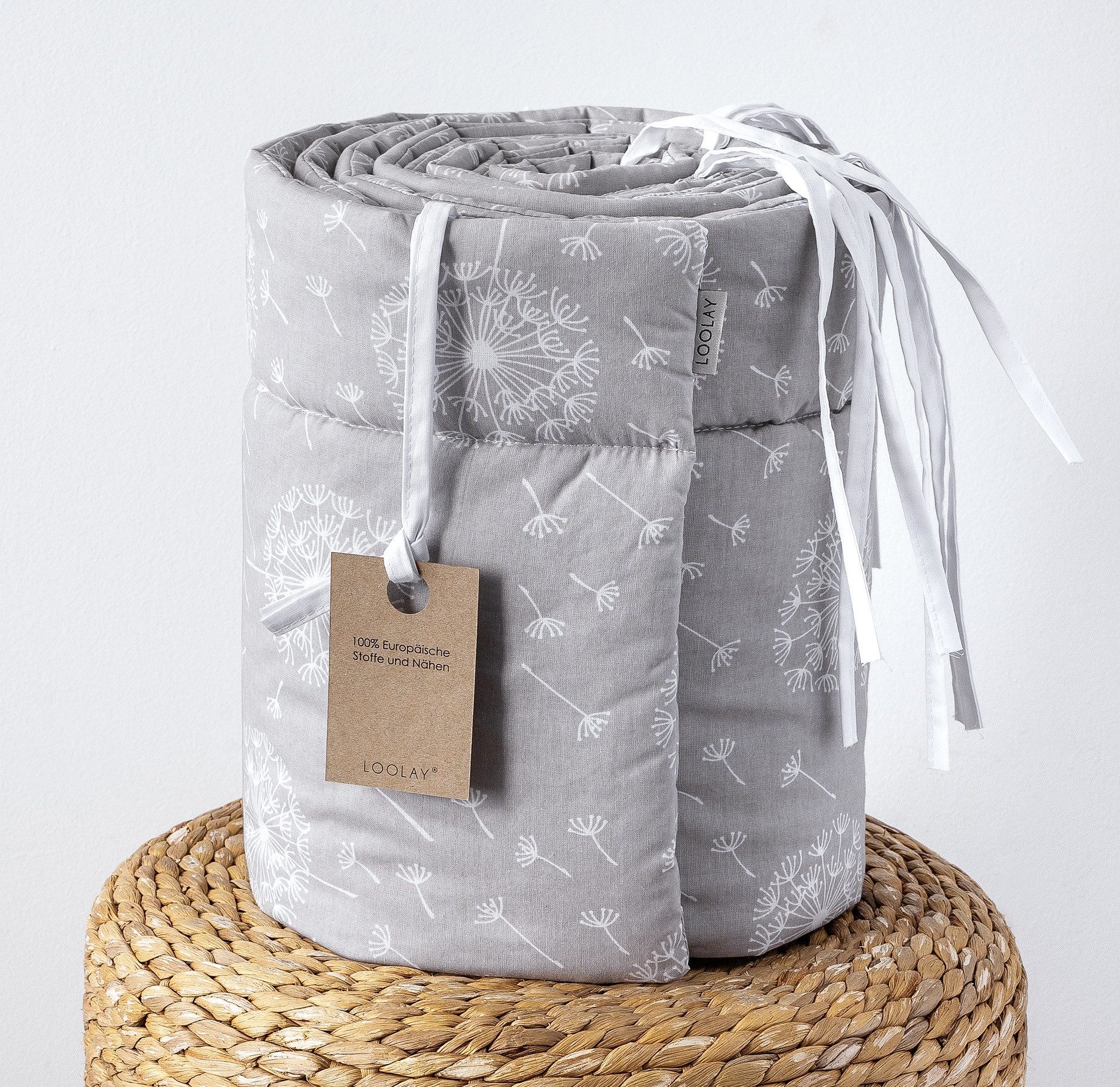 Loolay Bettnestchen PUSTELBLUME Baumwolle Grau Weiß Nestchen Babybett BETTUMRANDUNG, (TOP Qualität Babyausstattung Erstausstattung für Kinderbett 140x70 o. 120x60 cm, Umrandung Kopfschutz Bett Schutz Bettschlange 420, 360, 210, 180x30cm), BESTSELLER Premium GESCHENK für Eltern und Neugeborene Baby!