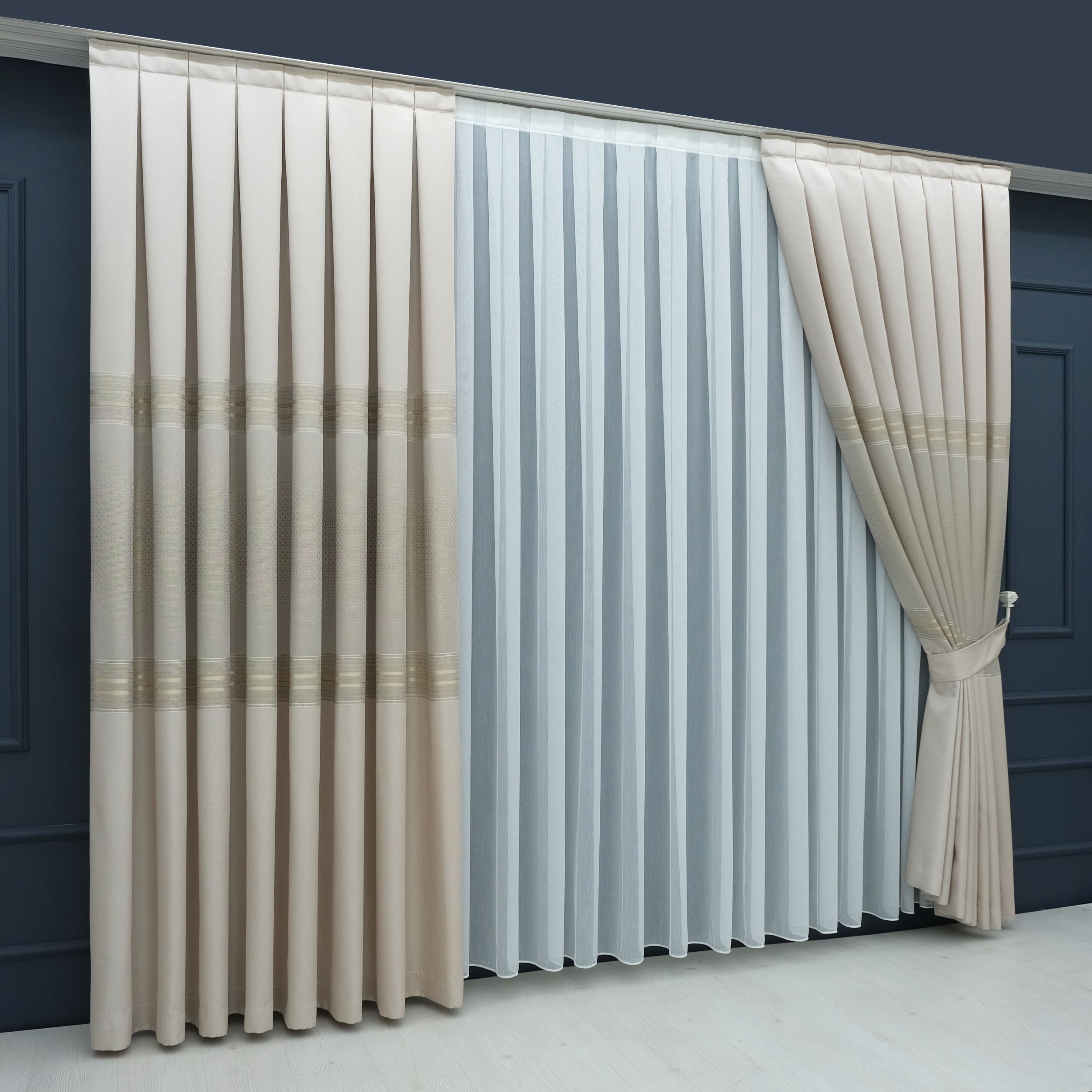 Gardinen by Justyna Vorhang Komplett-Set Vorhang Beige – Falten mit Store (5 St), Kräuselband, halbtransparent, Fertiggardine, Halbtransparent, Faltenband, Komplett-Set, Pflegeleicht