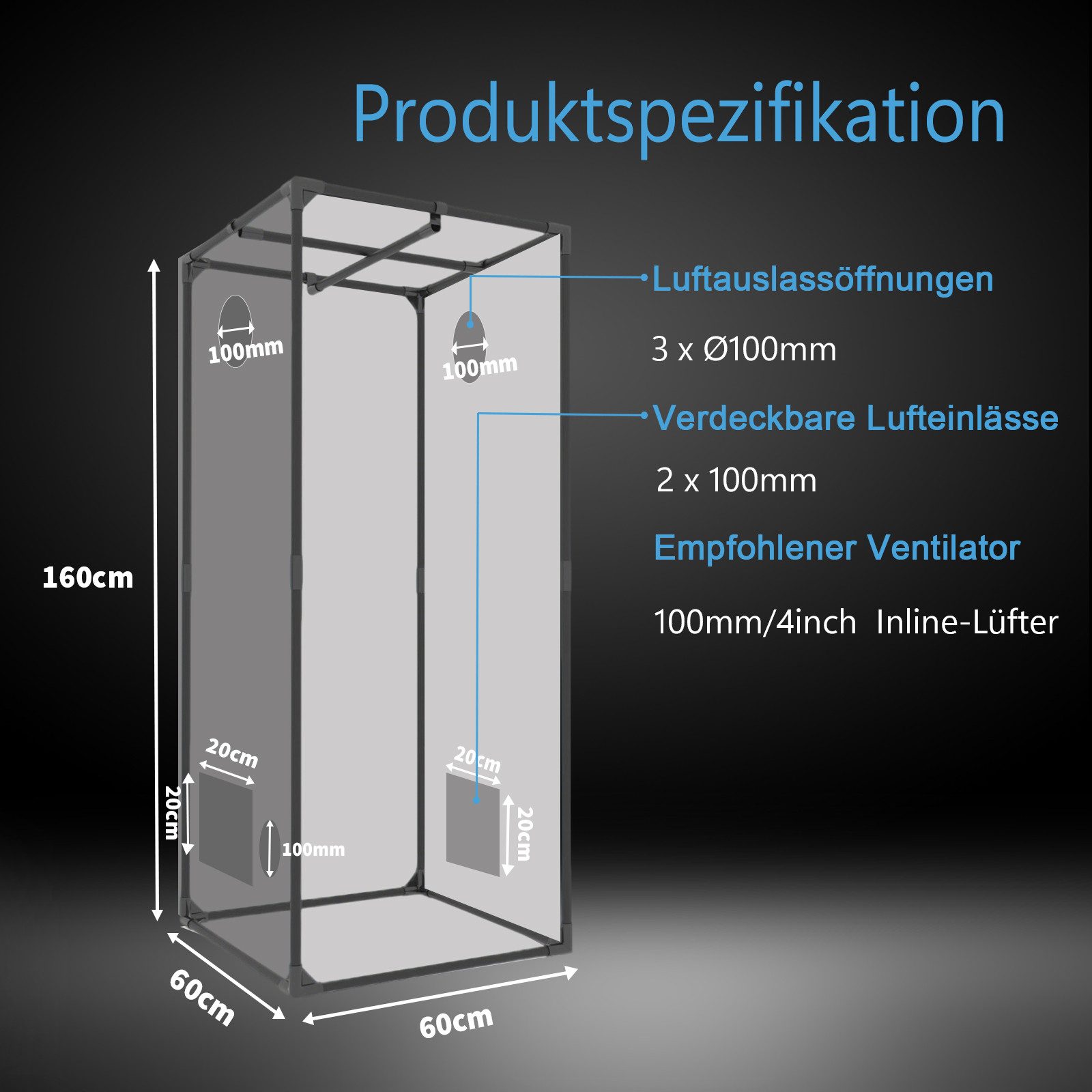 CannoBox Gewächshaus Growzelt, BxTxH: 60 x 60 x 160 cm, 100 % lichtdichte Growbox mit herausnehmbarem Bodentablett