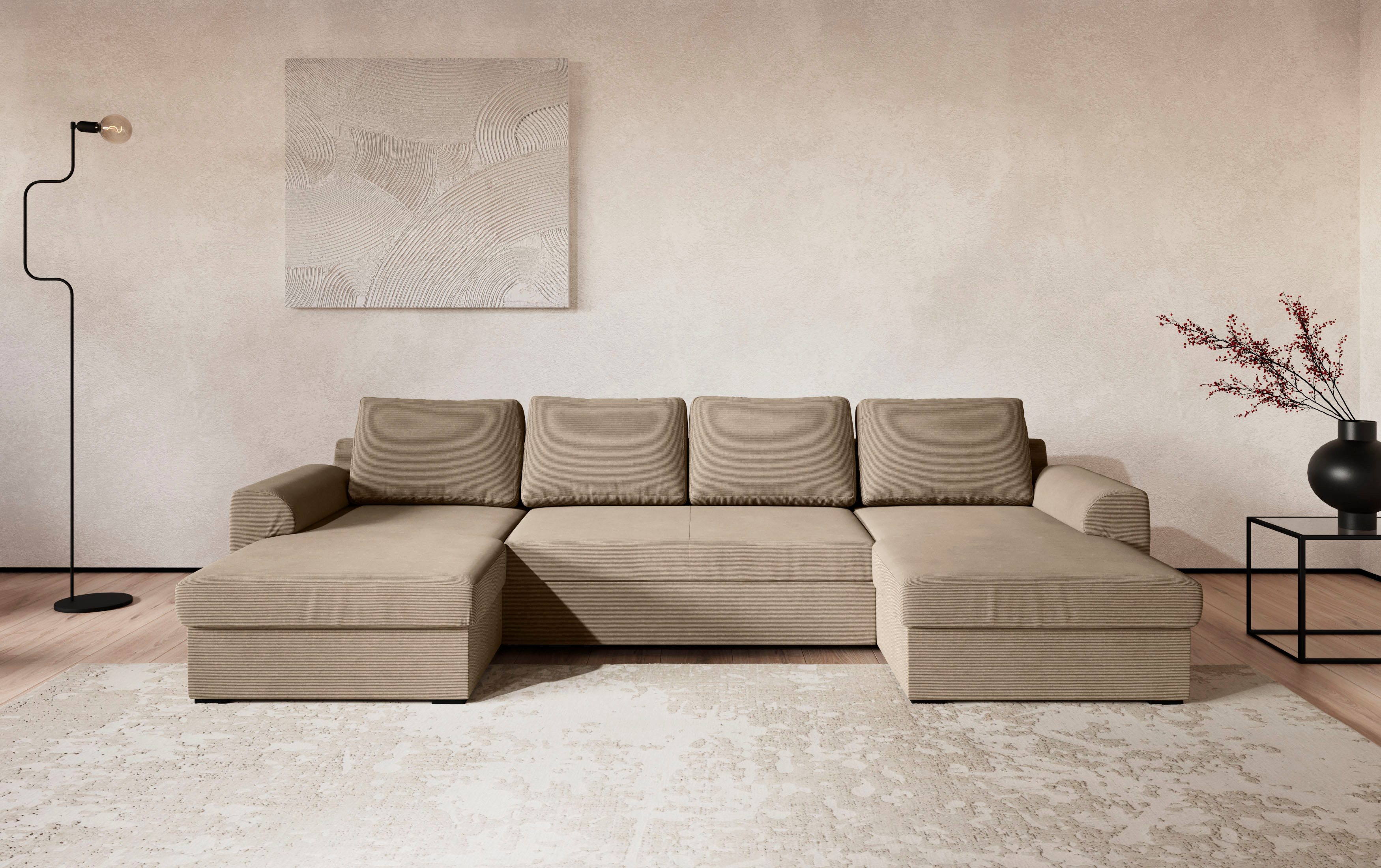 COTTA Wohnlandschaft Drift U-Form Recamiere, Breite 327 cm, optional auch mit Schlaffunktion, Wellenunterfederung