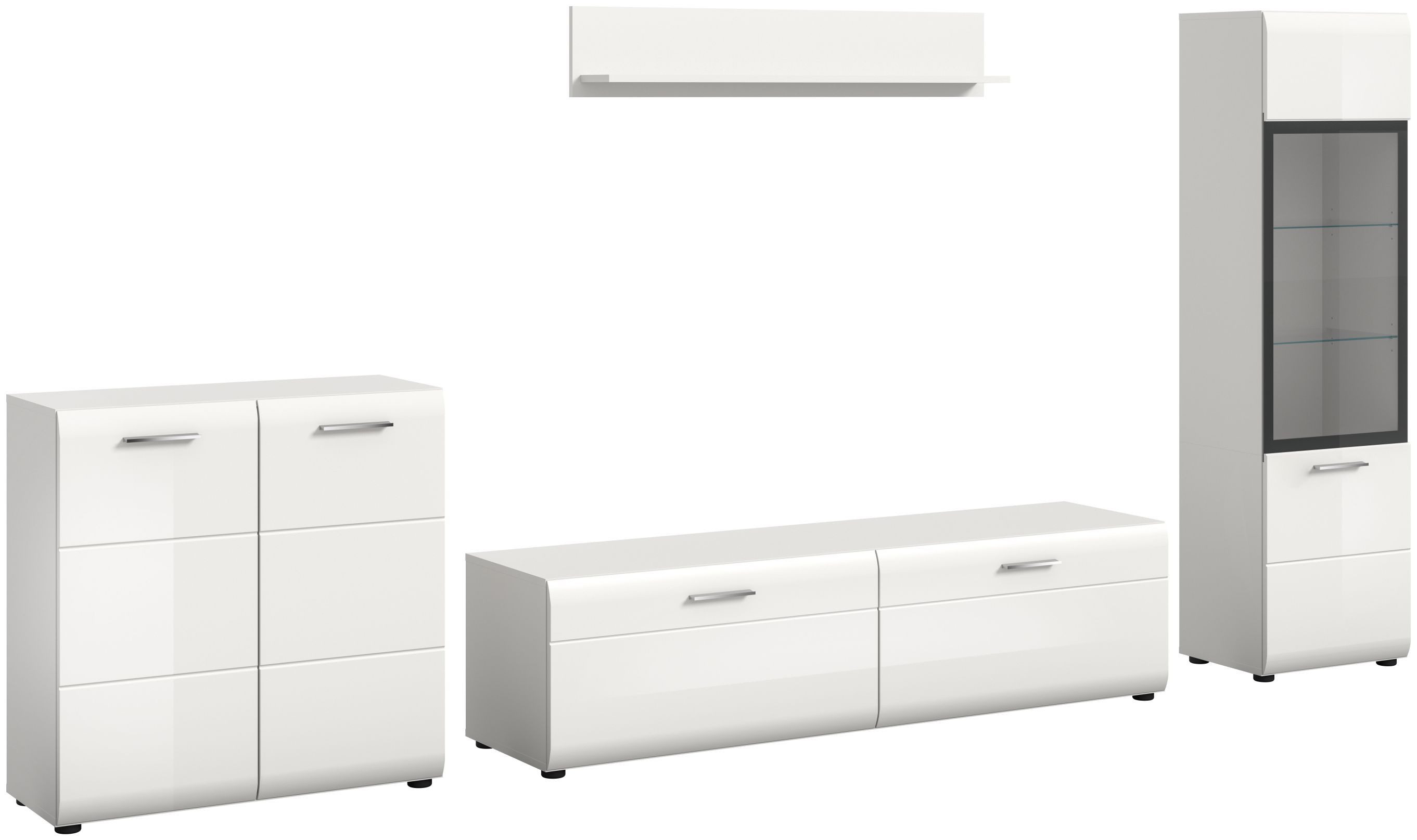xonox.home Wohnwand, (4-tlg. Vitrine, Lowboard, Wandboard, Kommode), in weiß hochglanz tiefzieh/weiß Nachbildung B/H/T: 305 x 160 x 41 cm