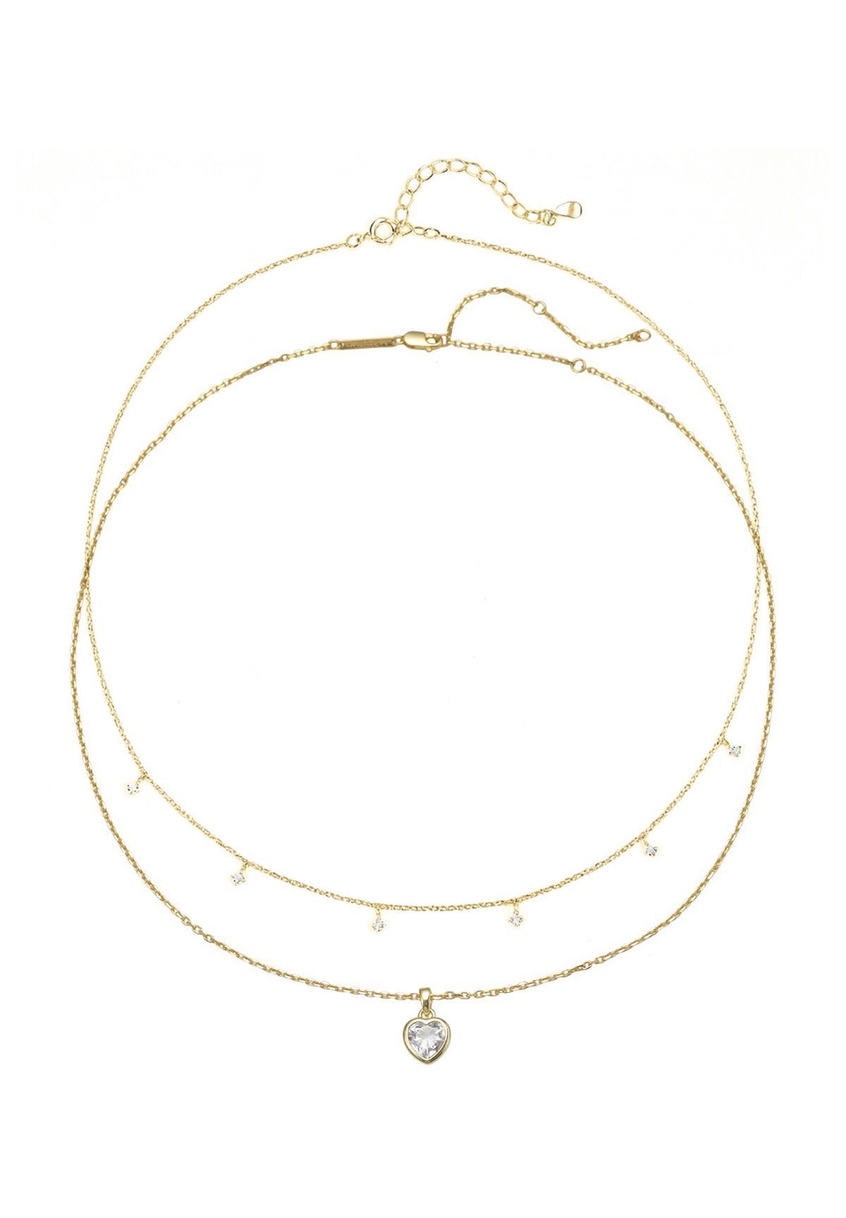 Hey Happiness Charm-Ketten-Set Herz und Kristallen, Damen Schmuckset, Zarte 925 Silber Halsketten mit Edelstein-Anhänger