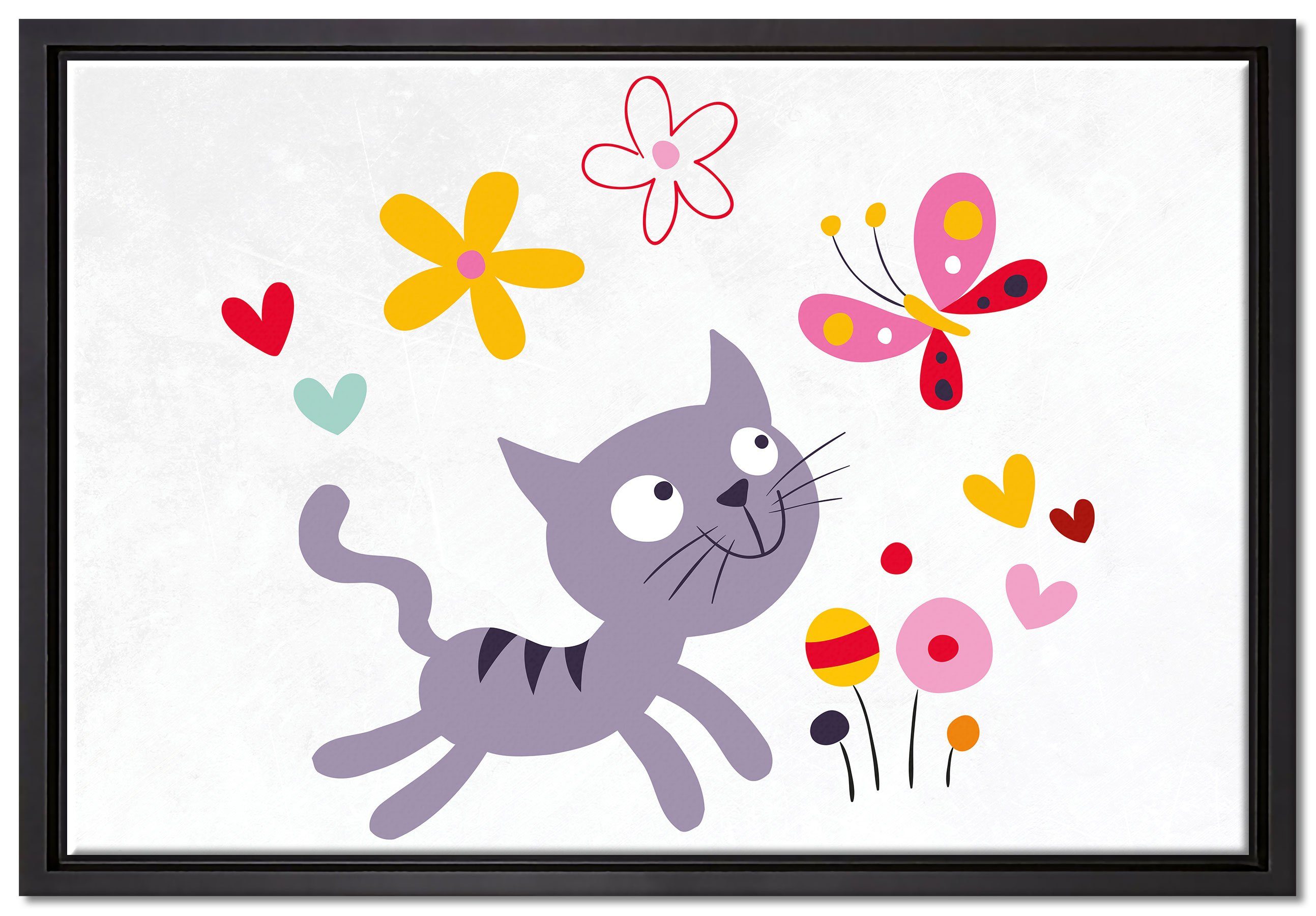 Wanddekoration Pixxprint Schattenfugen-Bilderrahmen Leinwandbild in mit fertig inkl. einem Katze (1 Leinwandbild gefasst, und St), Blumen, bespannt, Zackenaufhänger Schmetterling