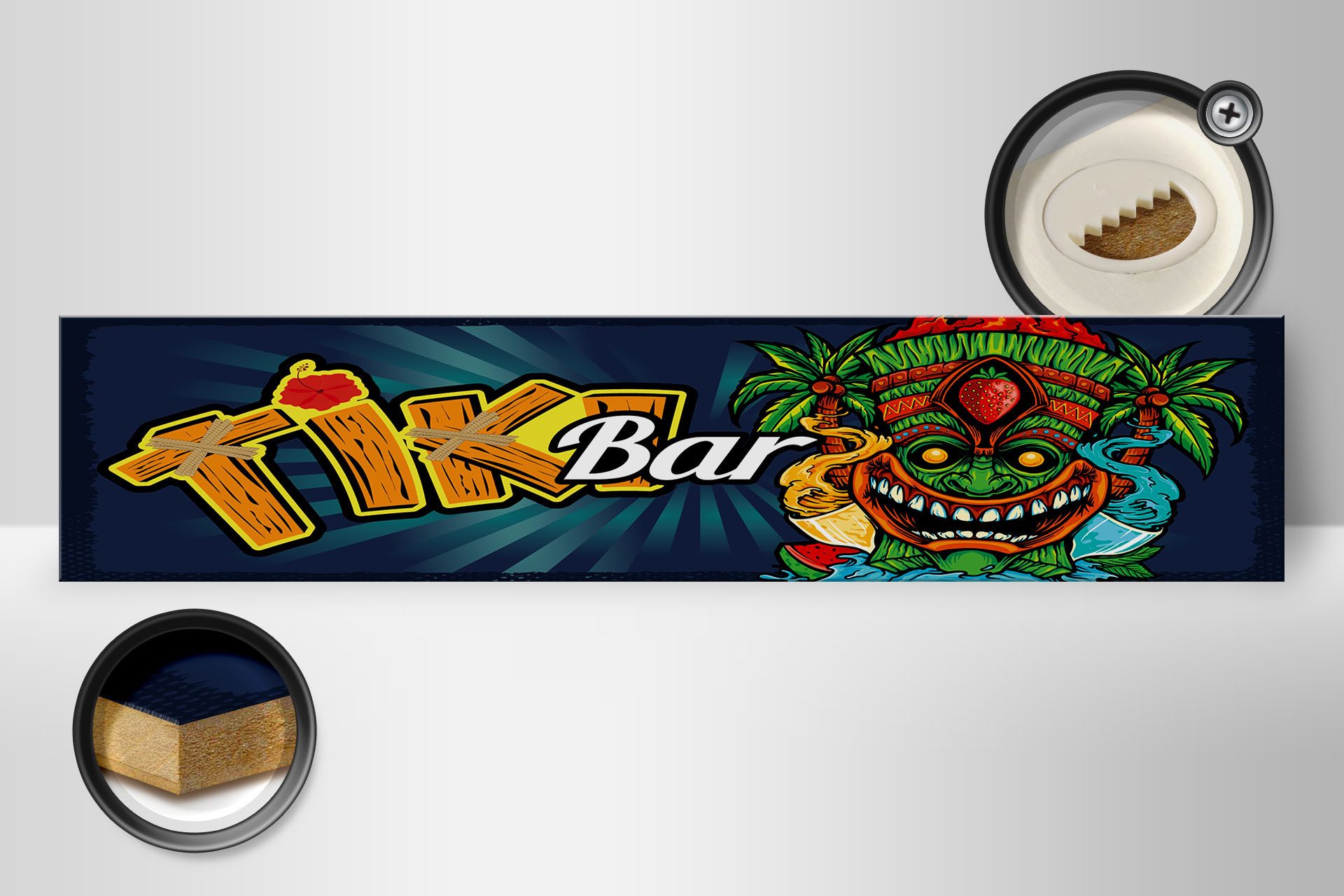 Femer GmbH Holzbild Hinweis 46x10 cm Tiki Bar buntes, (1 St), Glatte Holzfaserplatte (MDF), vorn beschichtet