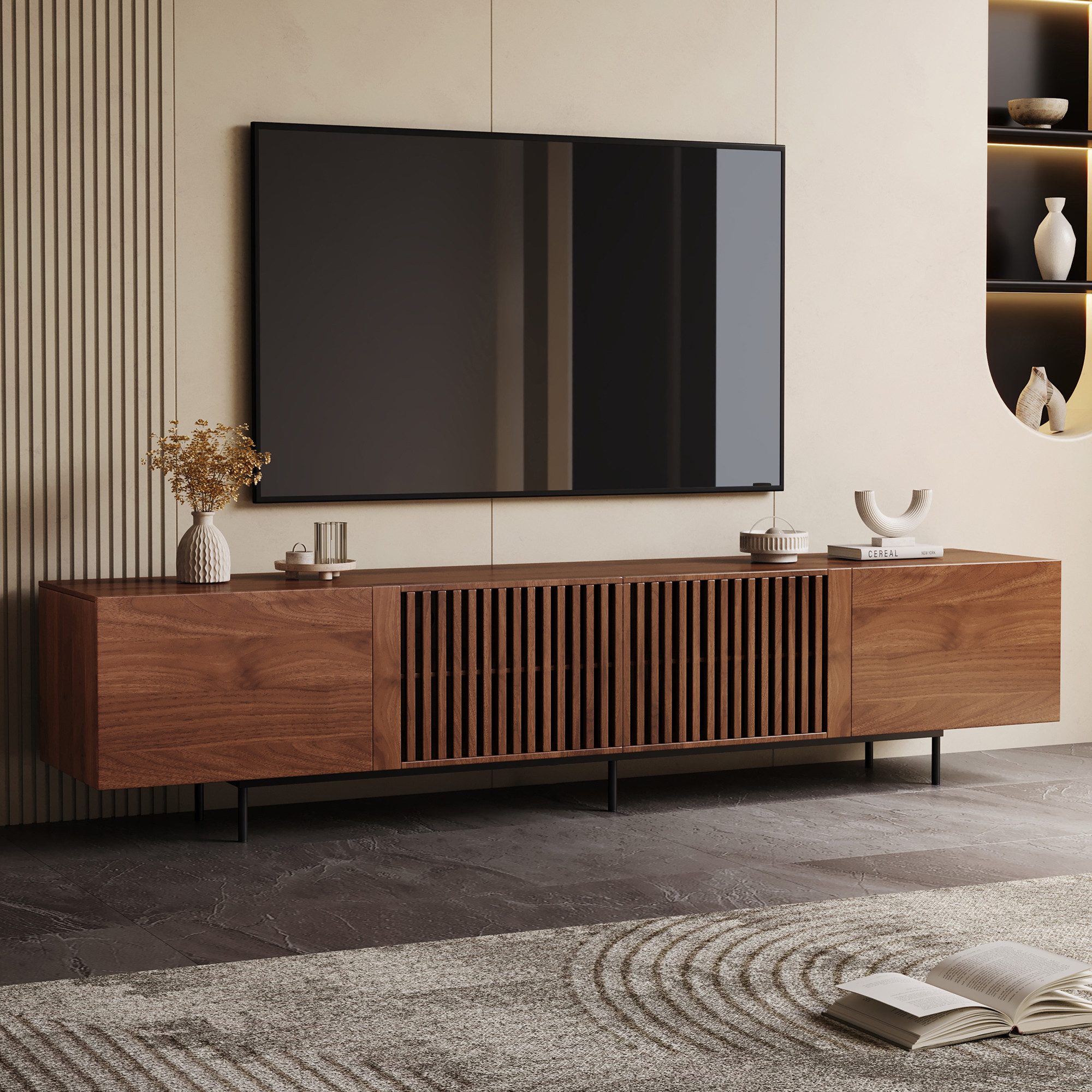 oleyluckidea TV-Schrank TV Lowboard in Walnuss Fernsehschrank für 75-Zoll TVs mit Stauraum Breite 180/240 cm