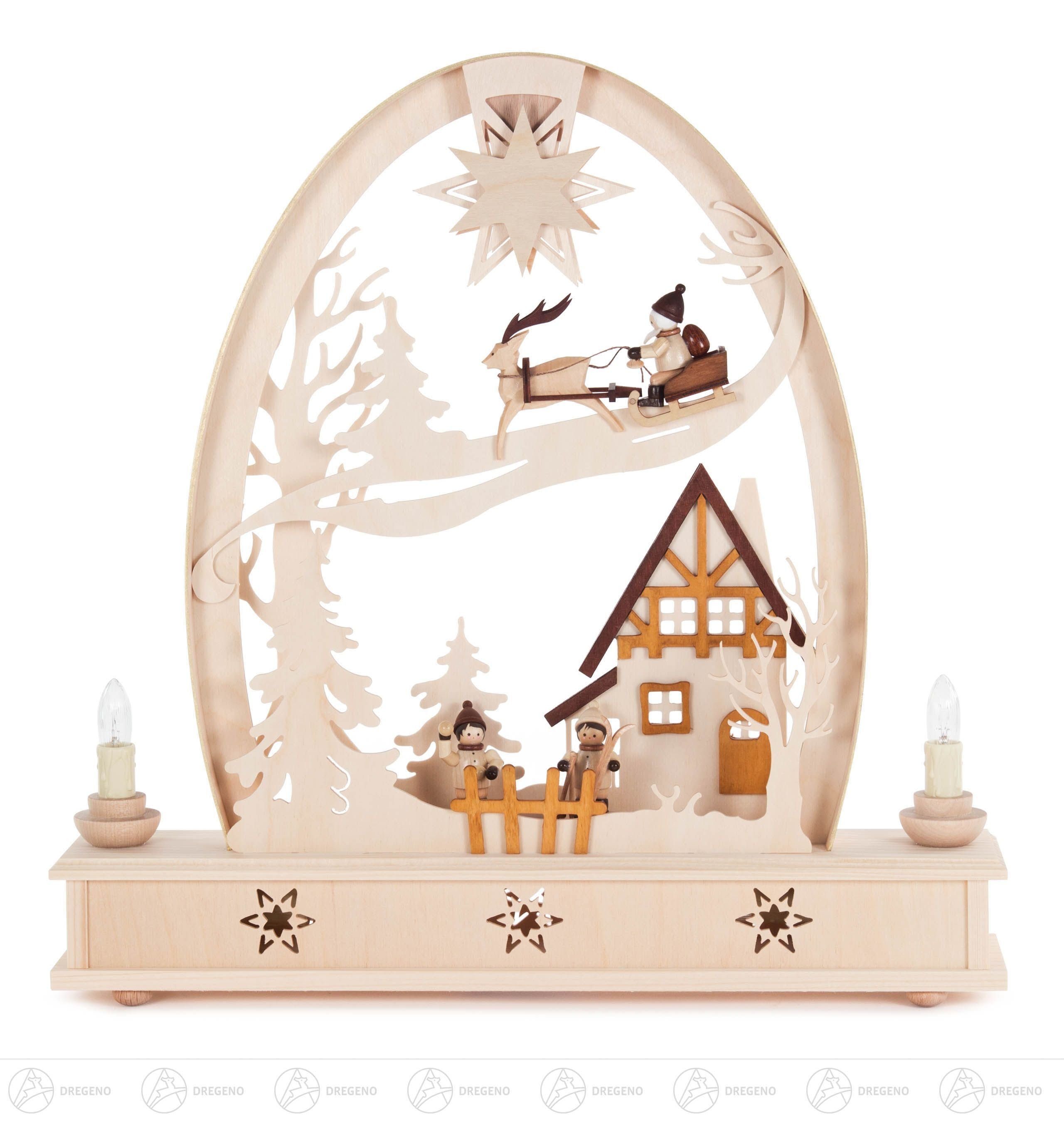 Dregeno Erzgebirge Lichterbogen Schwibbogen Erzgebirgsbogen mit Winterkindern und Rentierschlitten, el