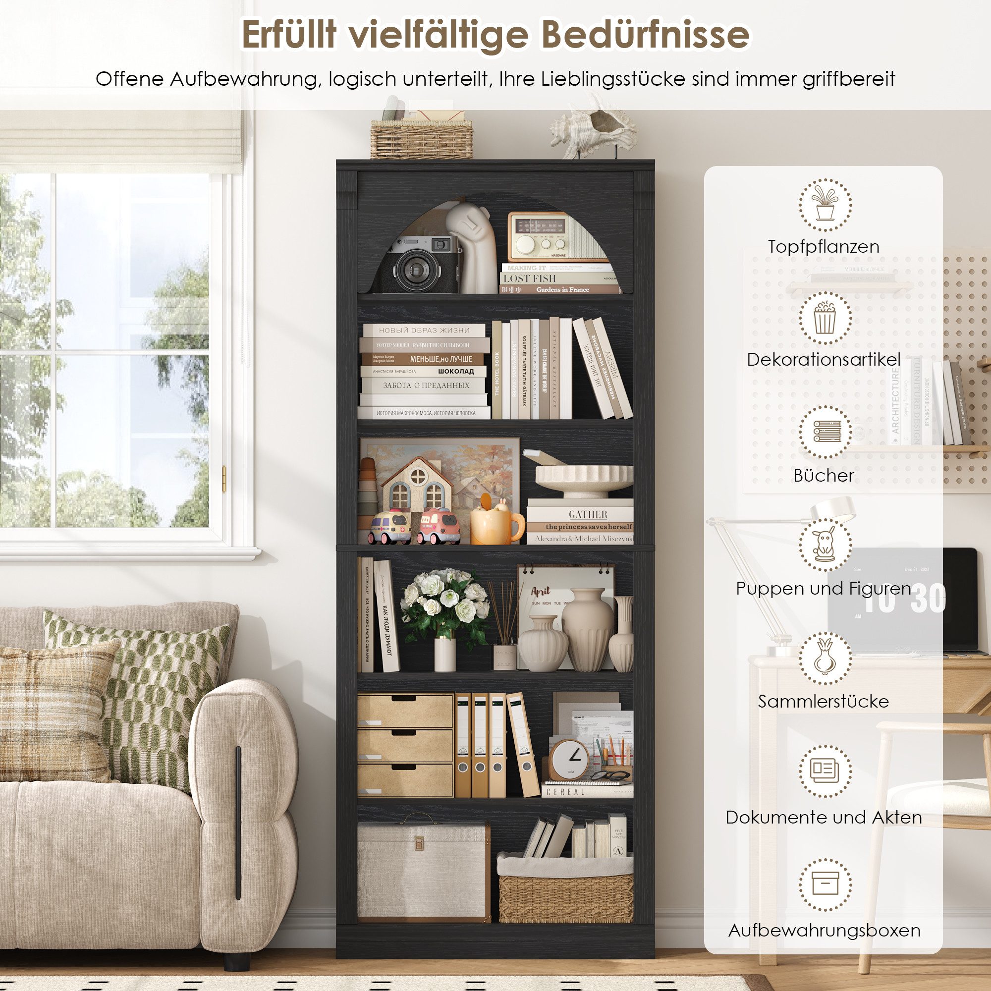 Homfa Bücherregal gewölbtes Bücherschrank, Standregal mit 6 Fächern 75x28x186cm Schwarz – Bild 4 von 5
