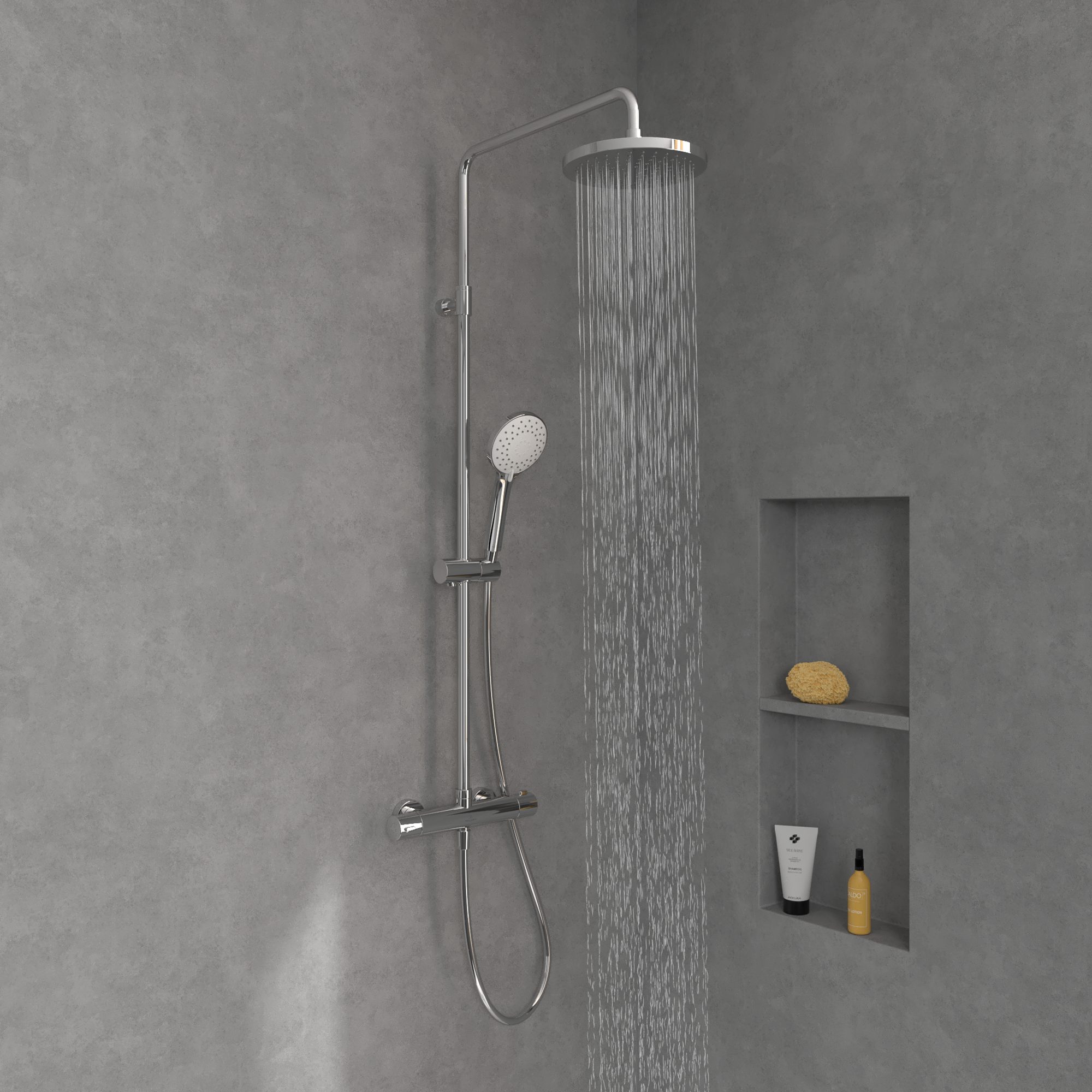 Villeroy & Boch Duscharmatur Universal Showers Regendusche mit Handbrause (Duschstange mit Gleitschieber, Thermostat und Handbrause) mit drei Strahlarten, Schlauch 1600mm, höhenverstellbar, Chrom