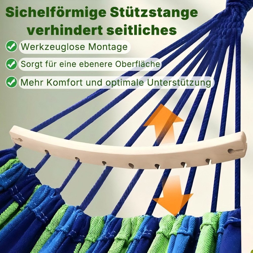 Fyrove Hängematte Hängematte Outdoor aus Baumwolle mit Gebogenen Holzstangen (Bequeme Stoffhängematte mit Aufhängung & Tragetasche, Robuste Reisehängematte für  – Bild 4 von 5