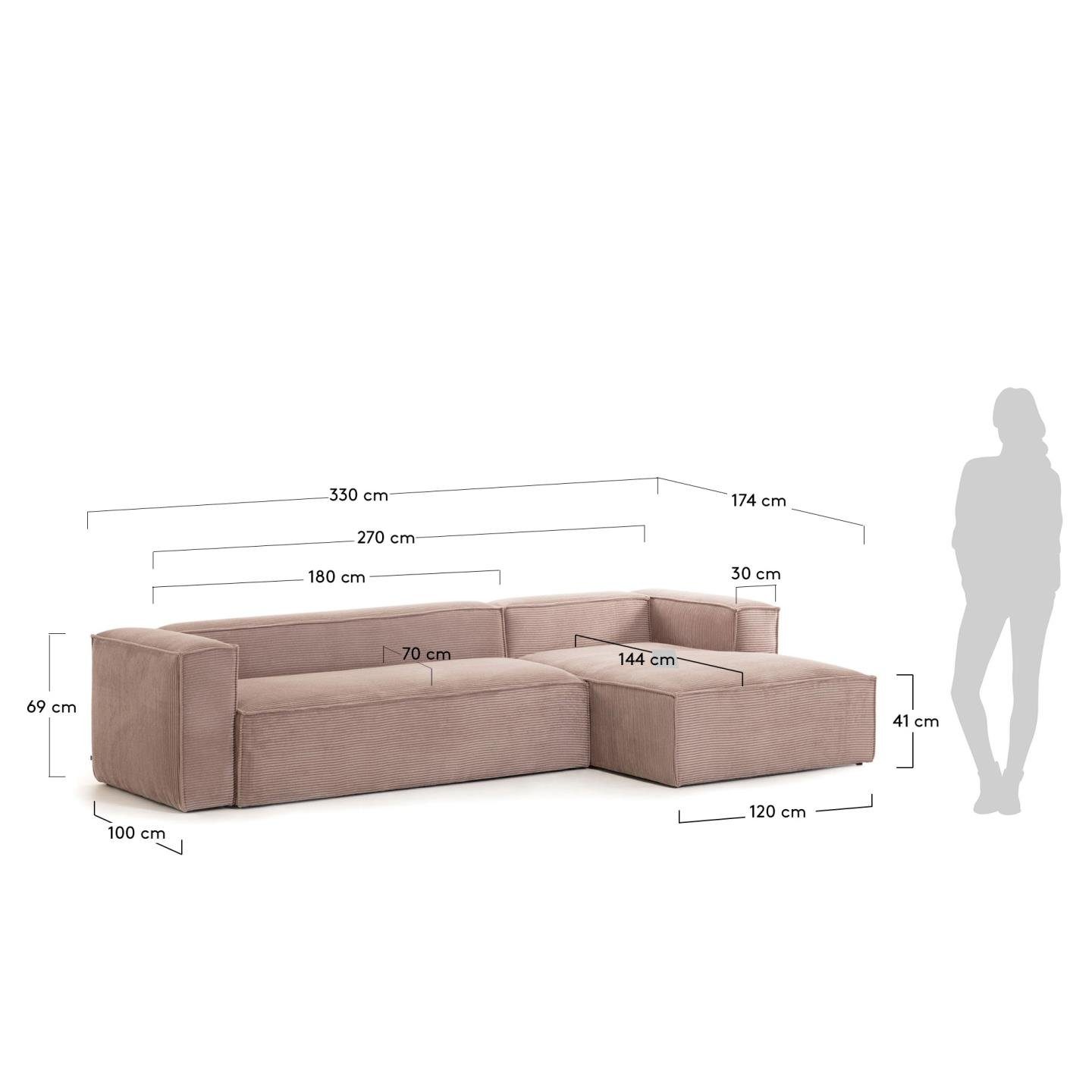 rechts Kord mit 3-Sitzer 330cm Sofa Sofa rosa Longchair Natur24 Blok