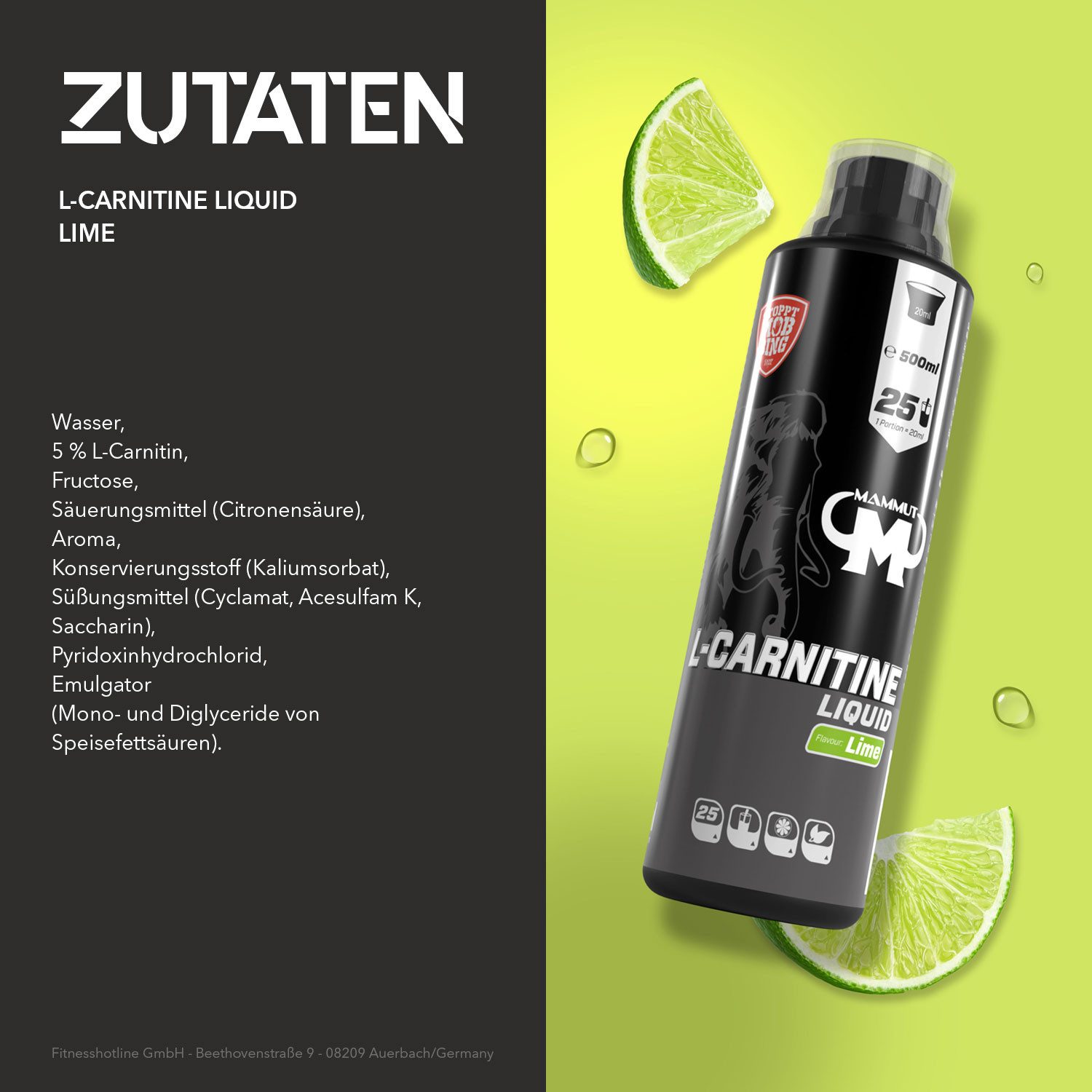 Mammut Nutrition L-Carnitine Liquid - Limette - 500 ml Flasche Flüssigkeit