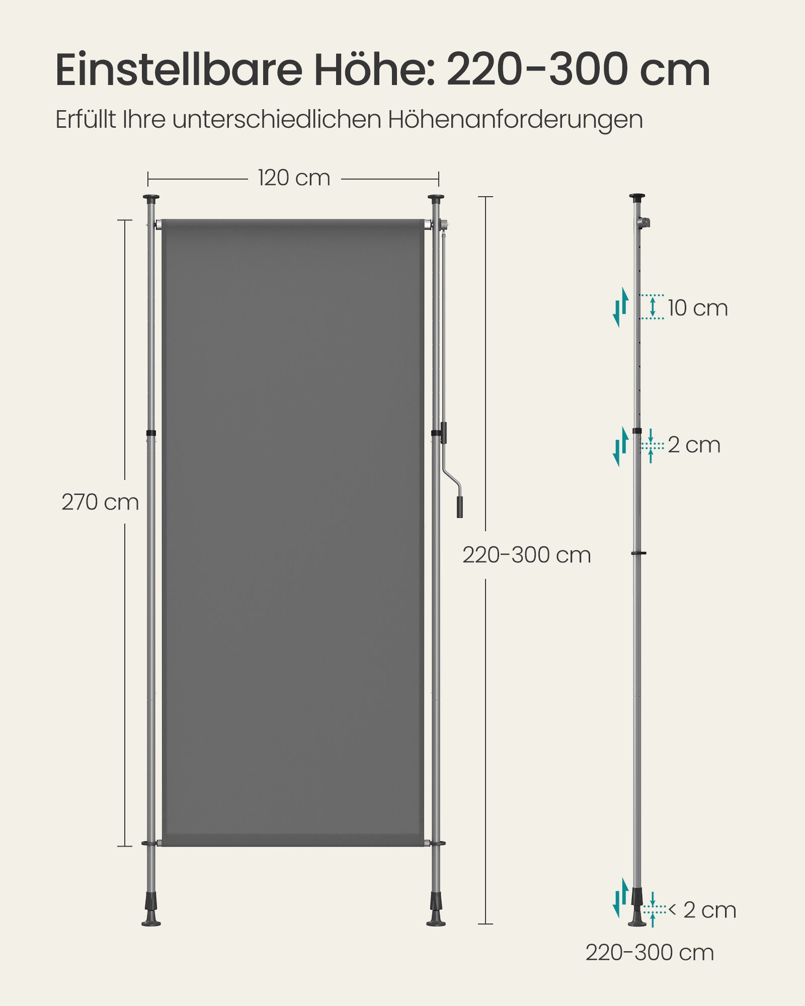 SONGMICS Seitenmarkise Klemmmarkise Senkrechtmarkise, höhenverstellbar, ohne Bohren (3m, Stahl, Sicht- und Sonnenschutz) mit Handkurbel, UV-beständig wasserabweisend