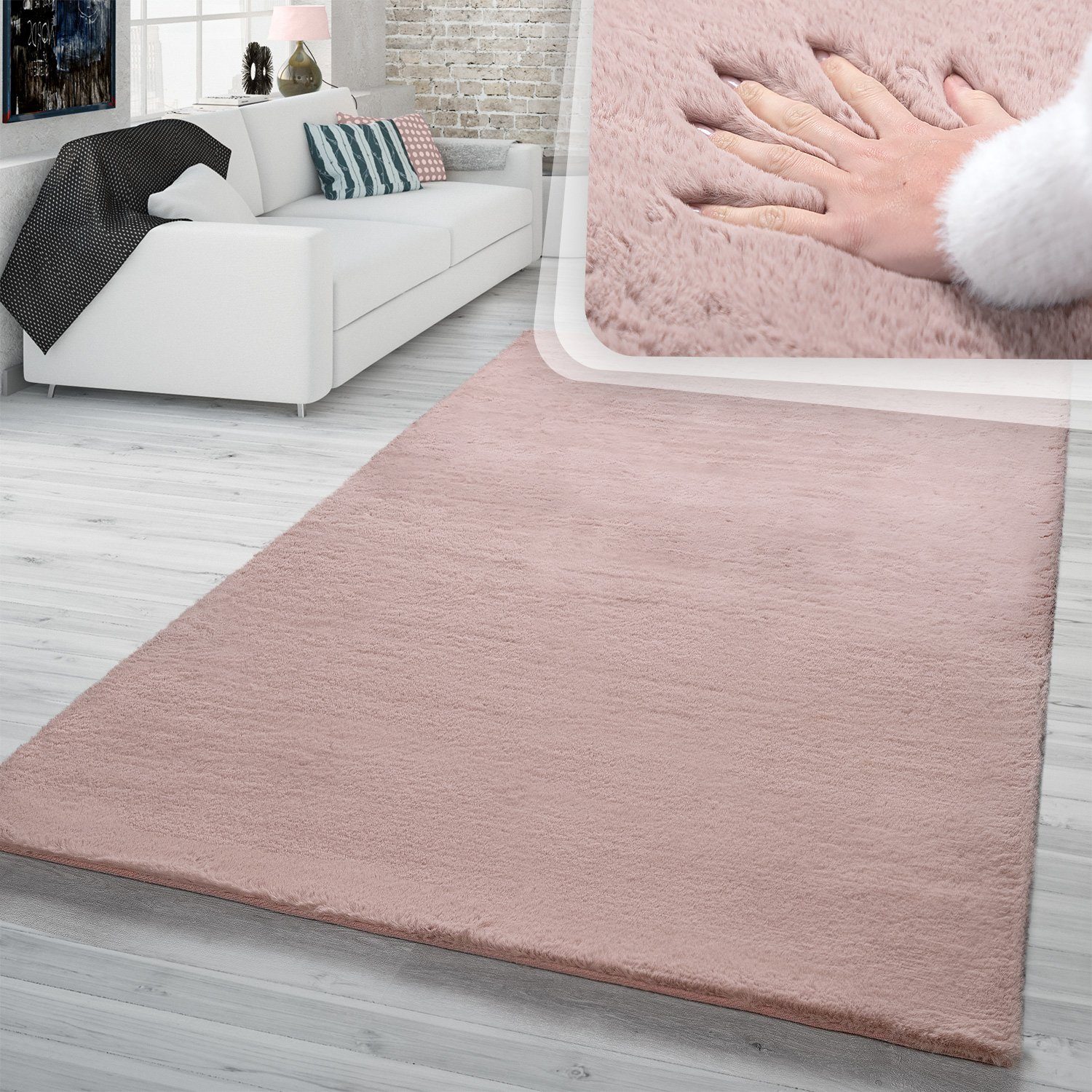 Fellteppich Hochflor Teppich Wohnzimmer Kunstfell Super Softes  Kaninchenfell Imitat In Rosa, TT Home, rechteckig, Höhe: 26 mm