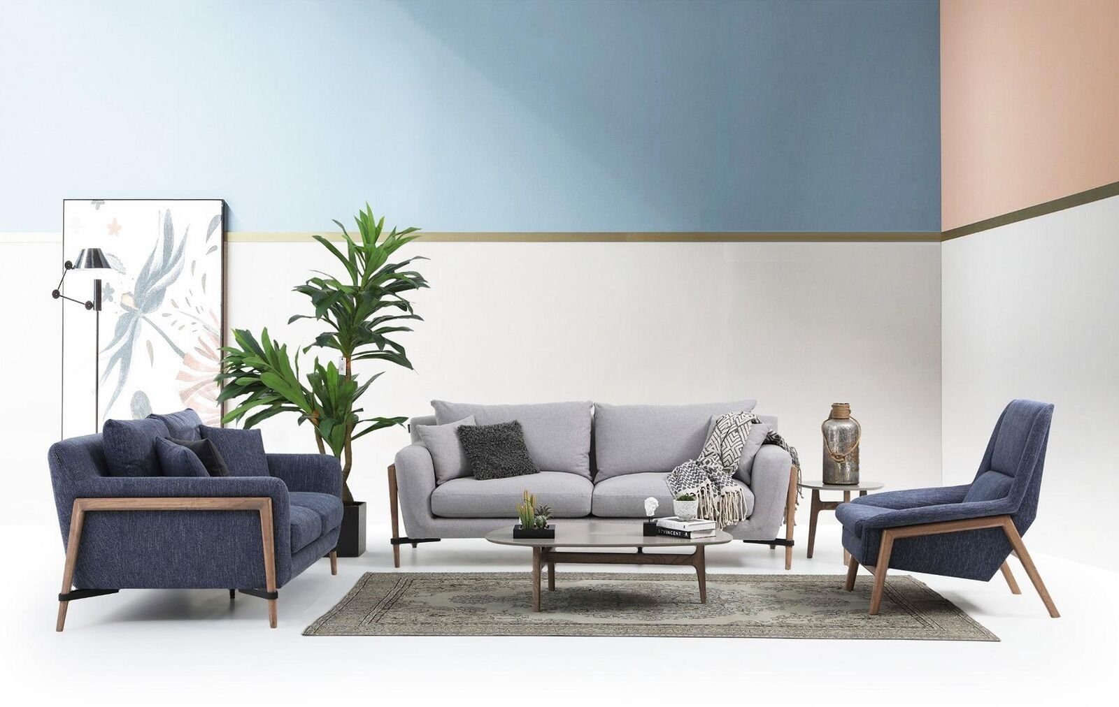 Stoff Modern Teile, Europa 2 Sofa JVmoebel Made Sofas in 1 Wohnzimmer 2-Sitzer Sitzer Zweisitzer Blau, Design