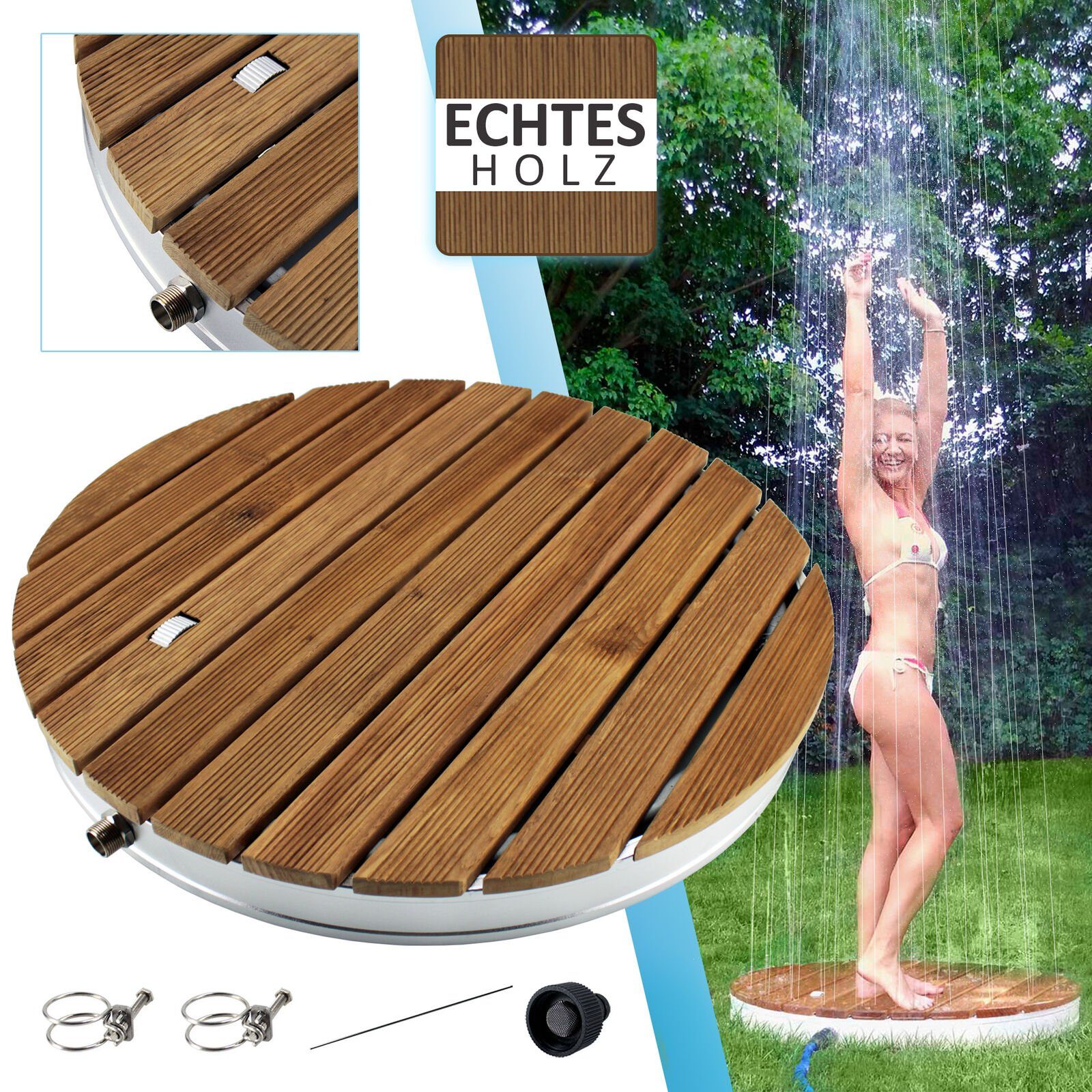 @tec Gartendusche MyGarden Aussendusche aus massivem Teakholz, rund, Echtes Holz Bodendusche rund, mit Bodenplatte Outdoor, dm. 70cm