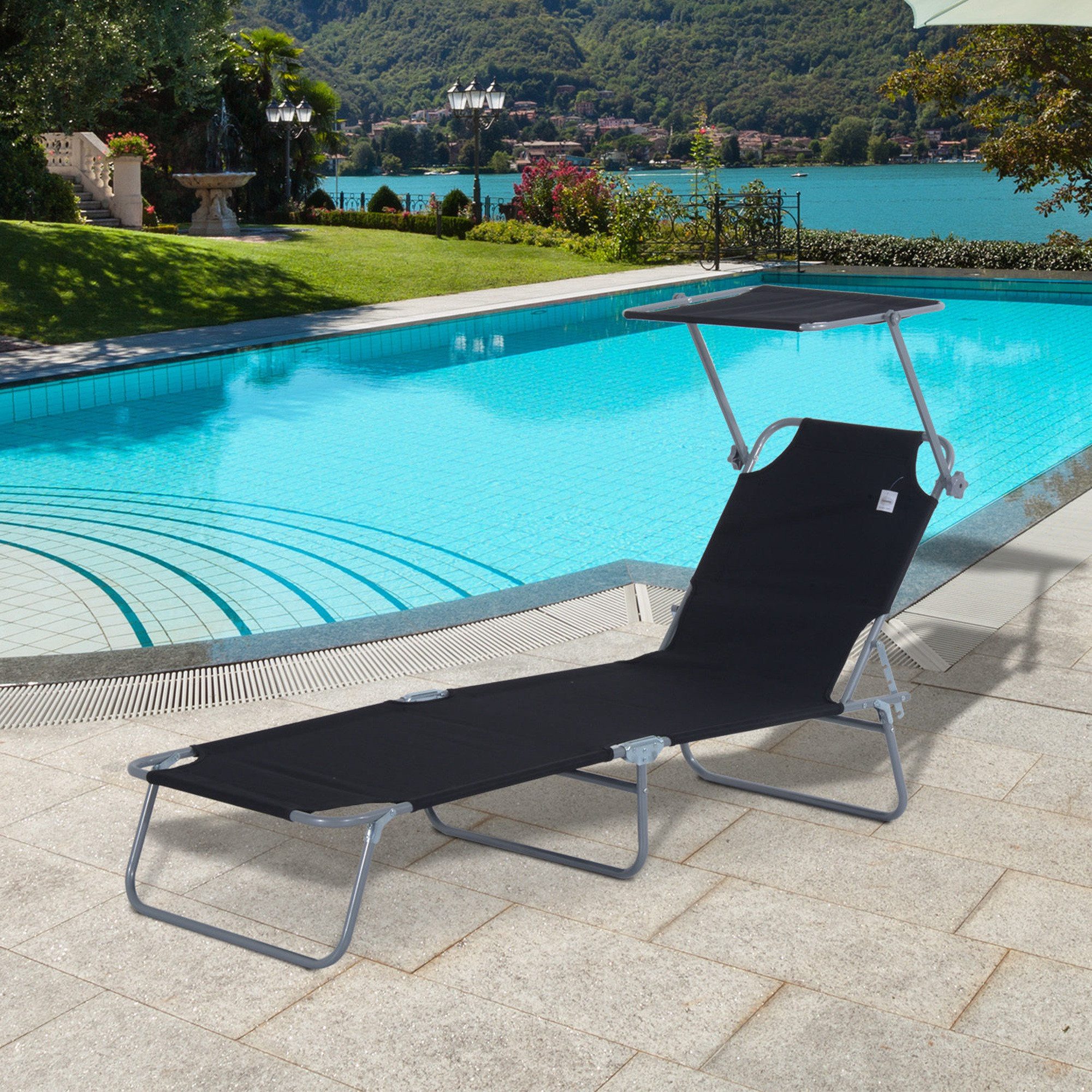 OKWISH Gartenliege 187x58x36cm Klappbare Sonnenliege aus Oxfordstoff, Packung, 1 St., Gartenliege mit integriertem Sonnenschutz, Schwarz, Ideal für Terrasse, Balkon & Poolbereich geeignet