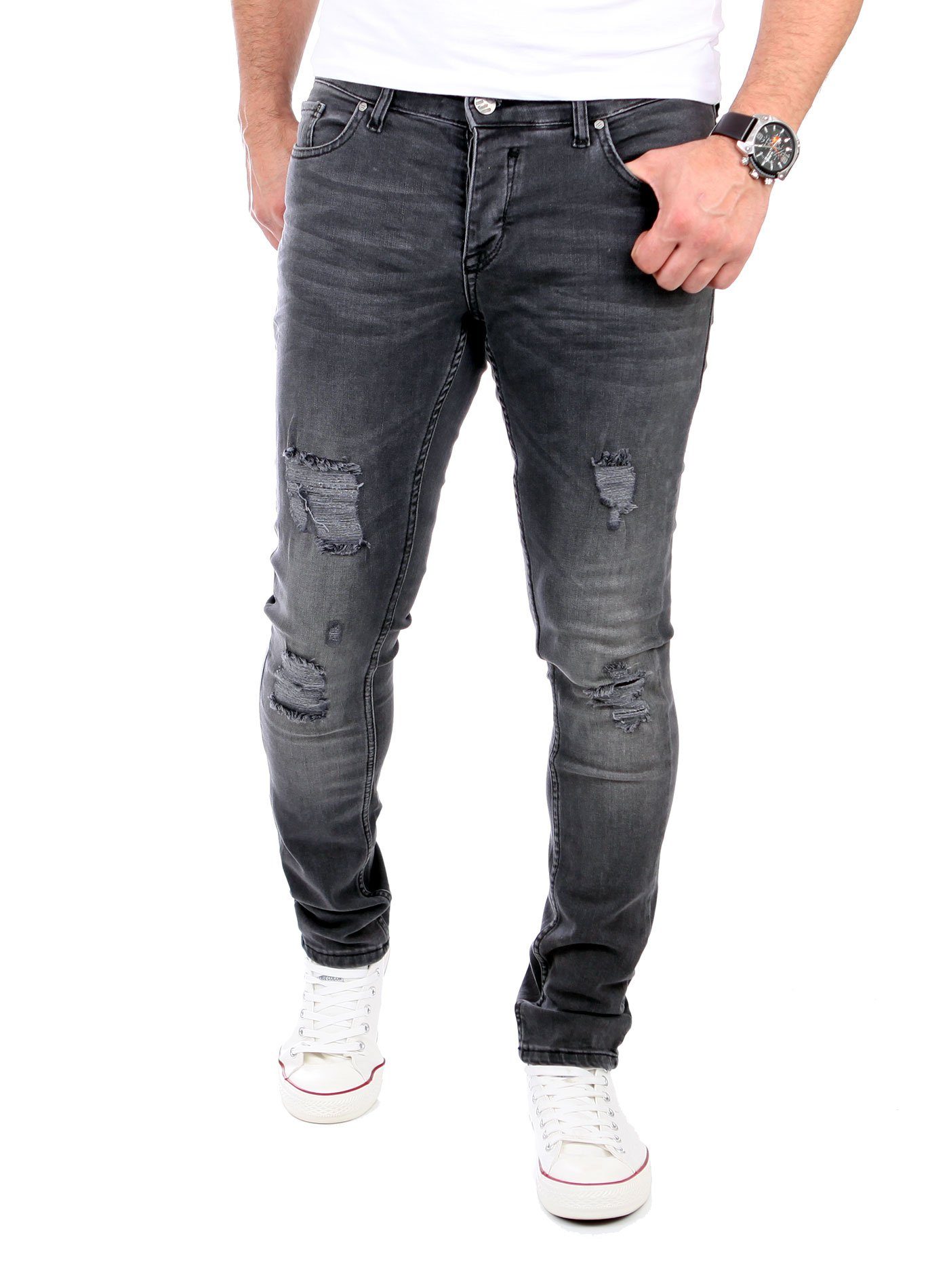 Reslad Slim Destroyed-Jeans Fit Slim Jeans-Hose Destroyed Jeans Look Herren Reslad Denim Stretch schwarz Look Fit Jeans Destroyed