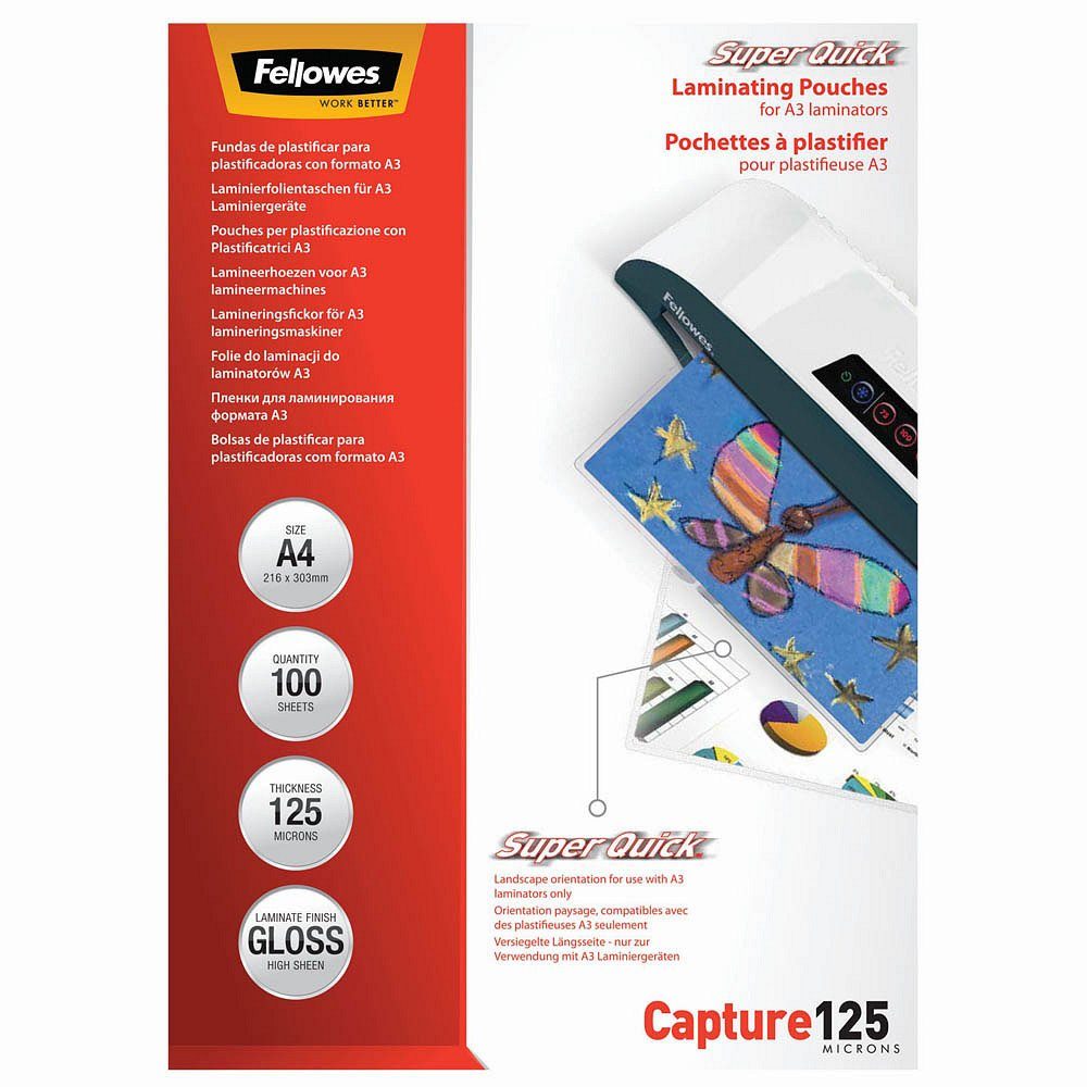 FELLOWES Schutzfolie Fellowes® 54401 Laminierfolie Capture 125mic SuperQuick A4 - 100 Stück, (Packung), Abgerundete Ecken