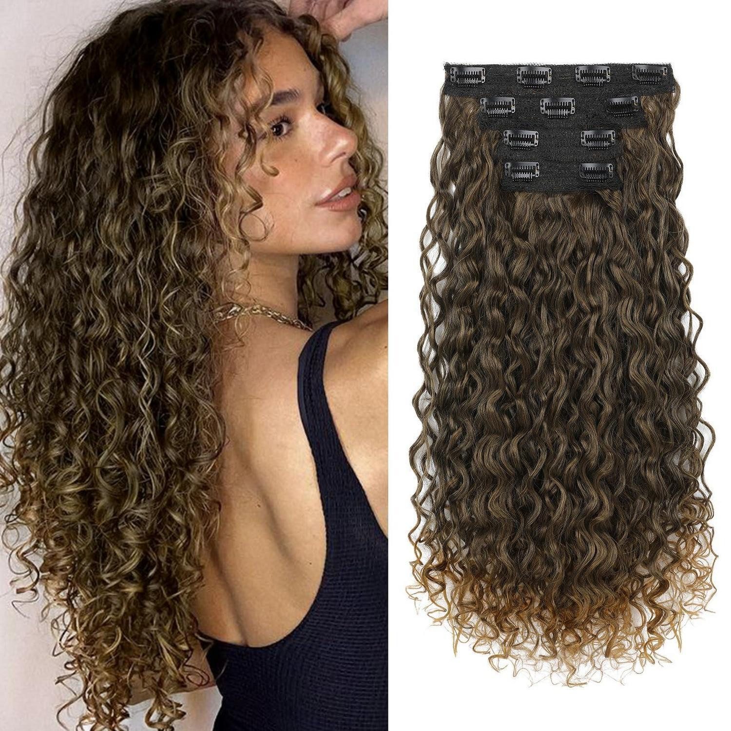 LuxusKollektion Echthaar-Extension Haarverlängerungen Clipin 4teilig 50 CM Braunes bis schmutziges Blond