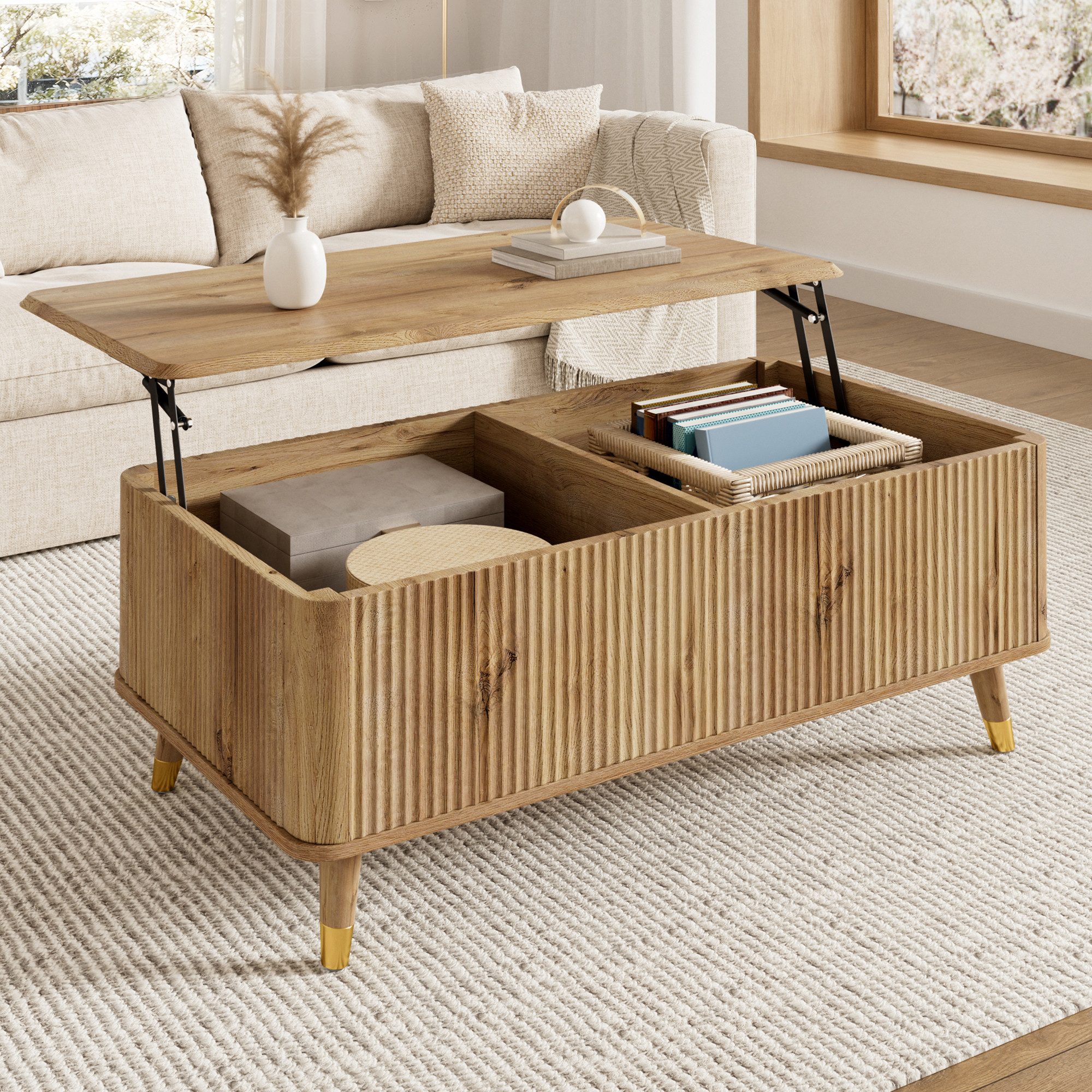 Merax Couchtisch höhenverstellbar Sofatisch Retro Beistelltisch (1-St), Wohnzimmertisch mit Stauraum und Holzbeinen, 97x52x56,5 cm