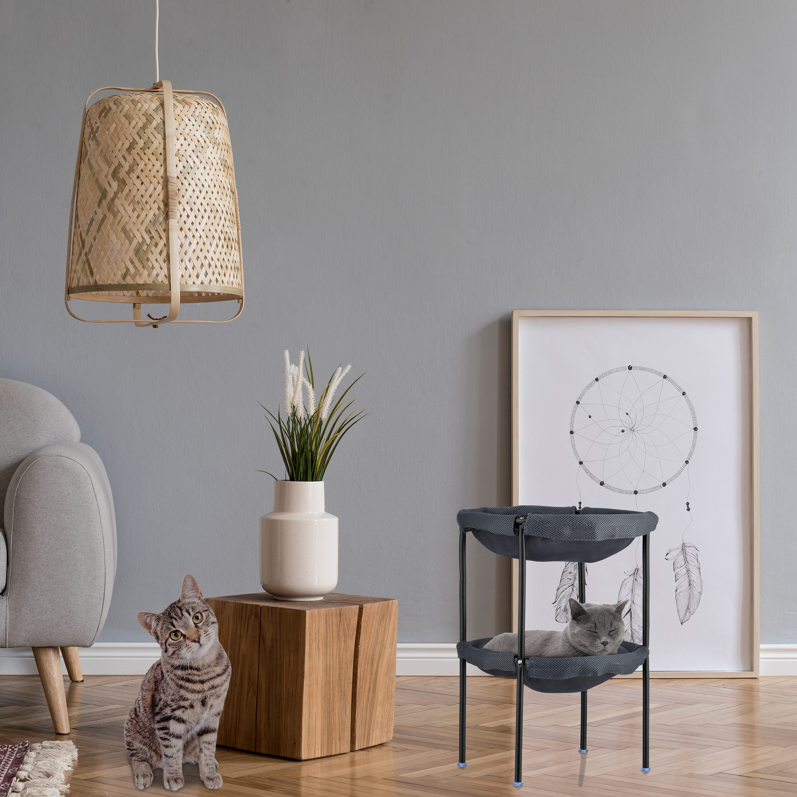 relaxdays Katzen-Hängematte Stehende Katzenhängematte 2 Etagen, Polyester