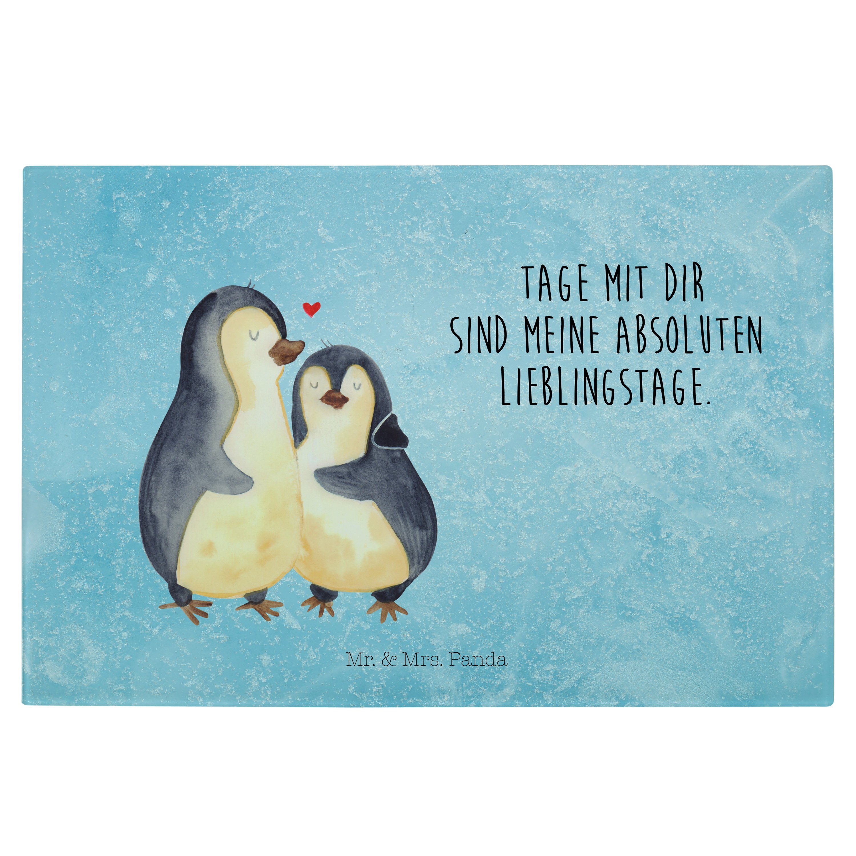 Mr. & Mrs. Panda Servierbrett Pinguin umarmend - Eisblau - Geschenk, glücklich, Schneidebrett, Glas, Premium Glas, (1-St)