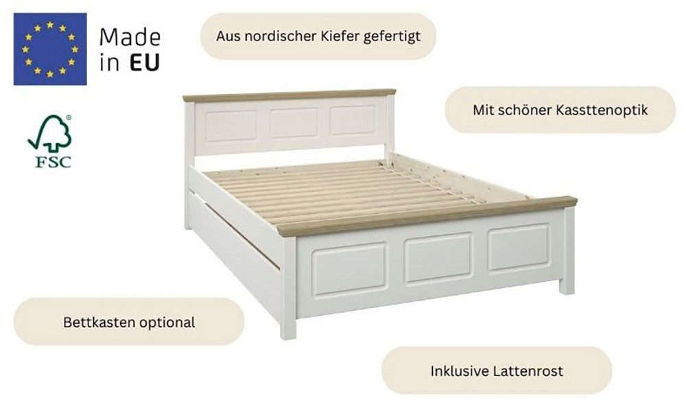 OTTO home Massivholzbett ERIKK', Made in Europe, optional mit Schublade, Massivholz Kiefer (FSC® zertifiziert), in mehreren Größen, Landhausstil mit Kassettenoptik