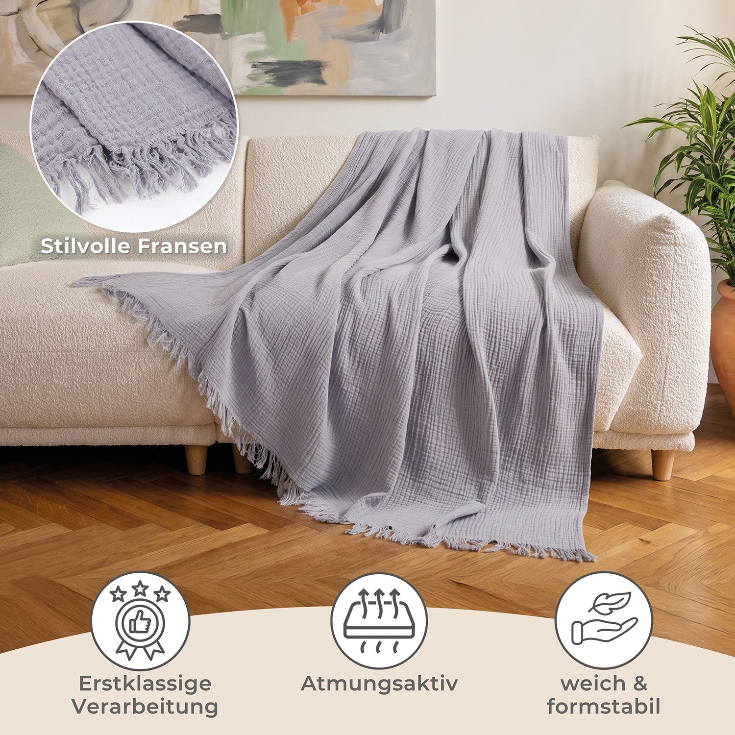 Laynenburg Tagesdecke Musselin mit Fransen aus 100% Baumwolle – Baumwolldecke, Wohndecke als Sommerdecke, Bett-Überwurf, Sofa-Decke, Kuscheldecke – Bild 3 von 5
