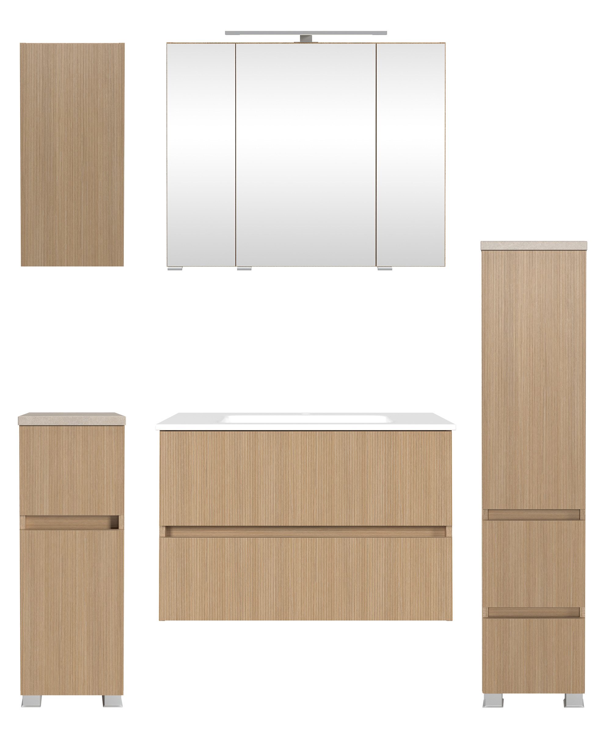 welltime Badmöbel-Set EIXO, 5tlg.-Set: Spiegelschrank, Waschtisch und Beimöbel, Set 140 cm breit, Badmöbel mit LED-Beleuchtung