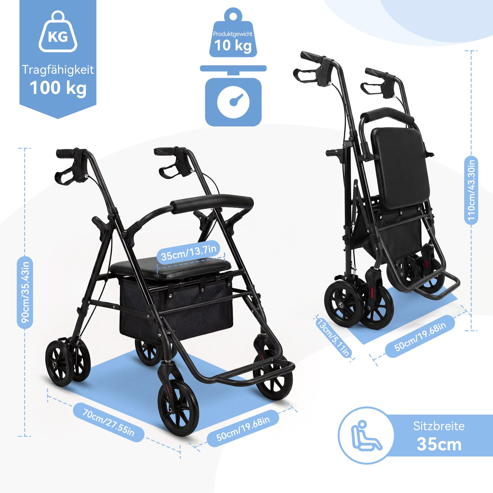 SEHAUSEU Rollator leicht und faltbar Gehhilfe höhenverstellbar Outdoor belastbar 100 kg