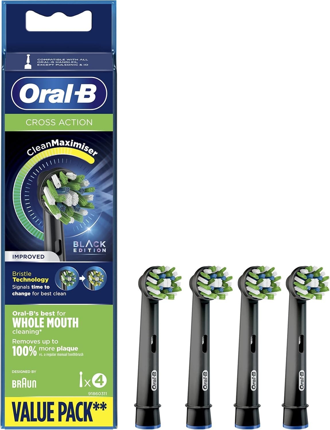 Oral-B Aufsteckbürsten Oral-B CrossAction Aufsteckbürsten Schwarz, 4er-Pack, Packung, 4er-Pack, Plaque-Entfernung, Angewinkelte Borsten, Schwarzes Design
