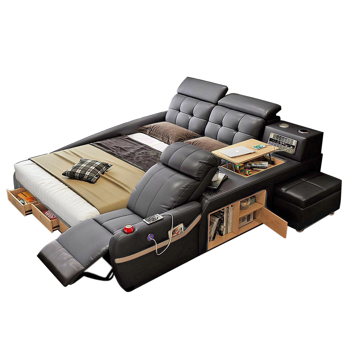Xlmoebel Multimediabett Beigefarbenes Multifunktionsbett aus Holz im modernen Stil (Multifunktionsbett, 2-tlg., Multimediabett), Made in Europa