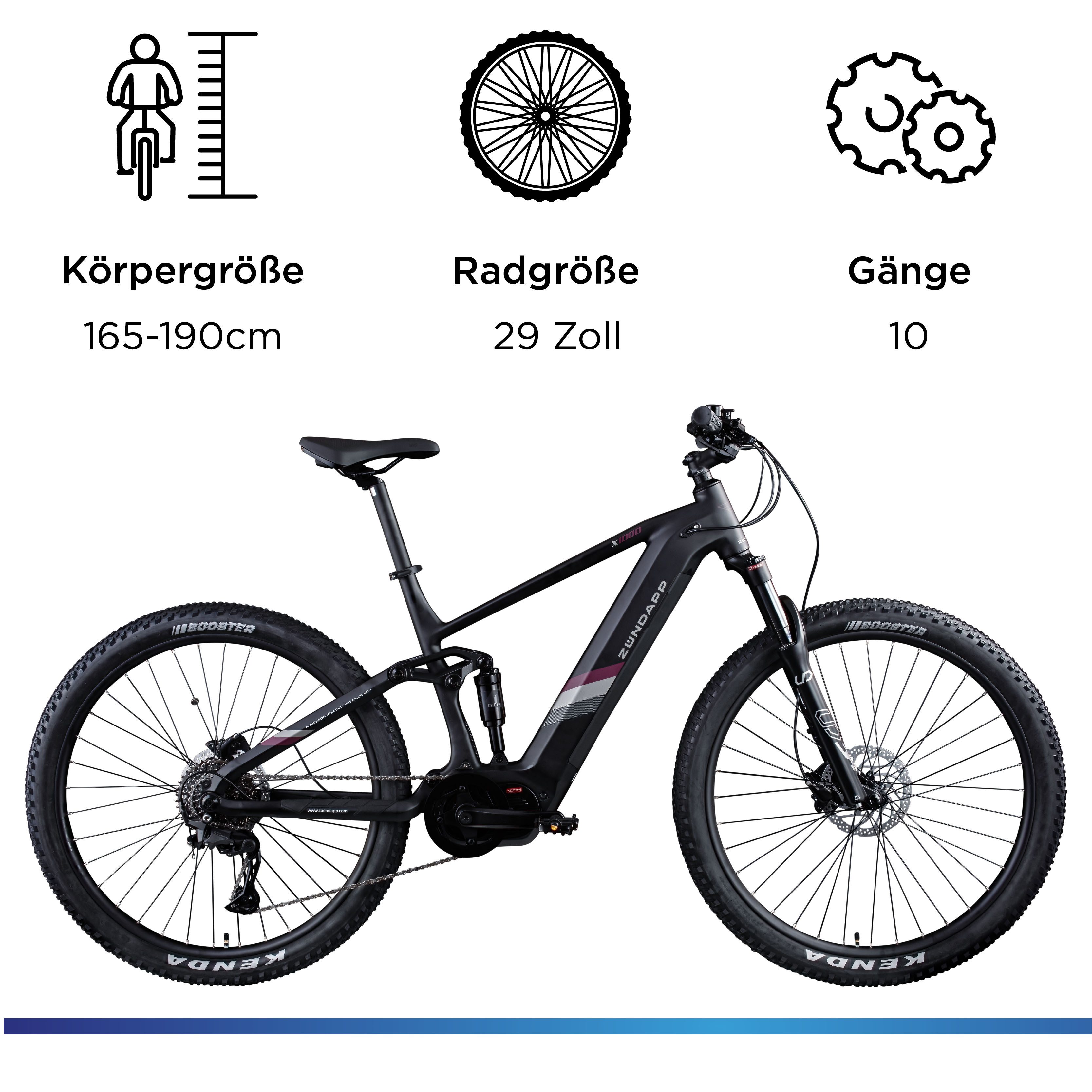 Zündapp E-Bike Mountainbike X1000, 10 Gang Shimano Cues U62020 SGS Schaltwerk, Kettenschaltung, Mittelmotor, 733 Wh, E Bike Mountainbike Fully 29 Zoll 10 Gänge Pedelec Damen Herren 730 Wh