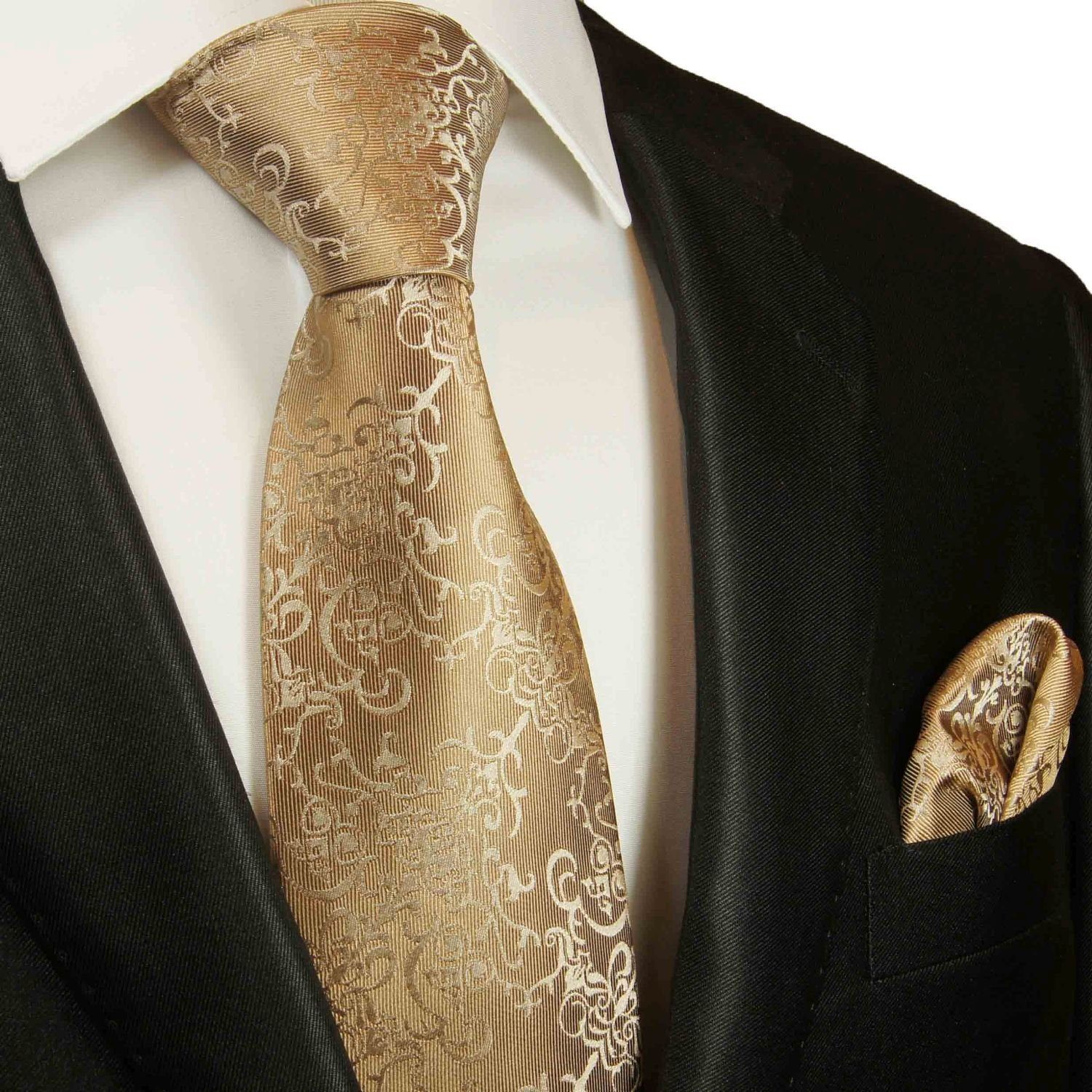 Paul Malone Krawatte Tuch Schmal mit (6cm), 100% Seide modern (Set, braun mit barock Einstecktuch) 2-St., Krawatte gold Herren 2049 Seidenkrawatte